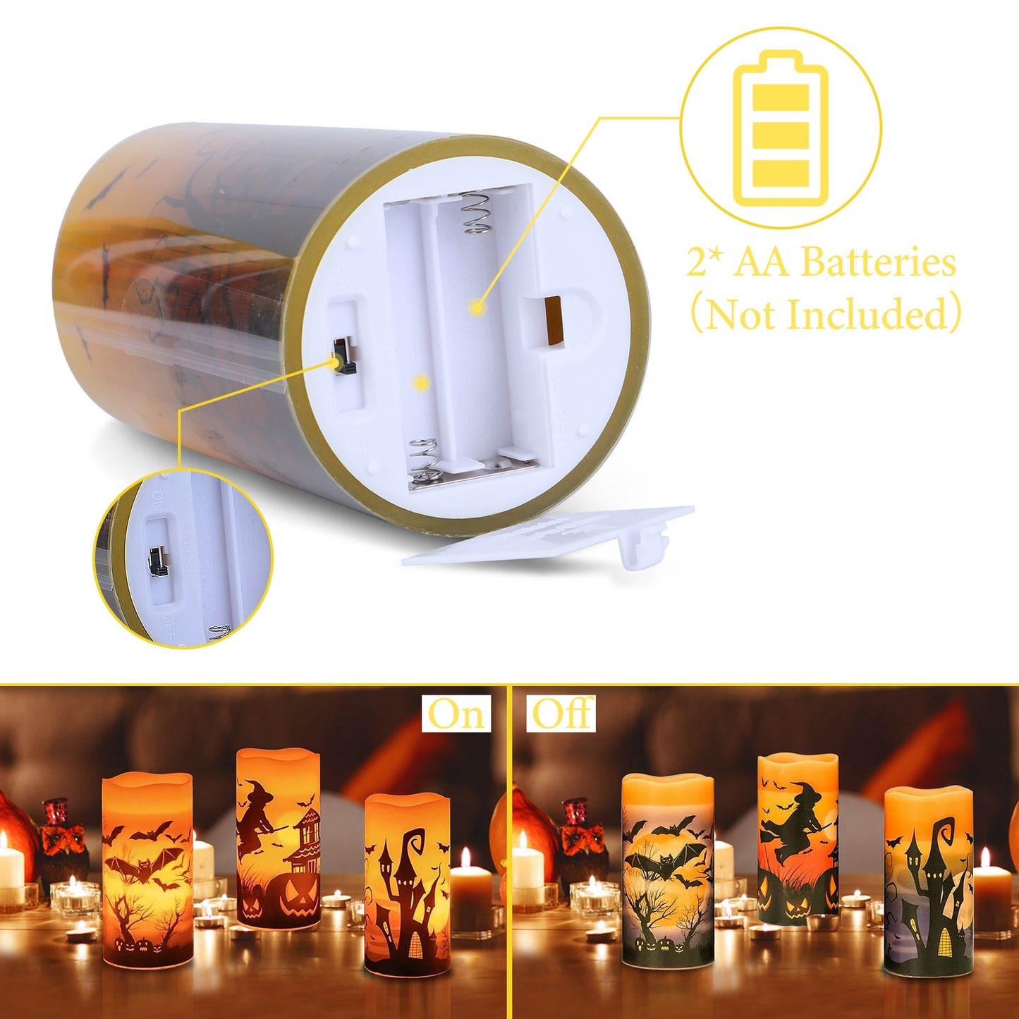 3 Pack Halloween Flameless Candle Lamp with Timer Setting Battery Operated Warm Orange Light Candles for Halloween Party Decoration Witch Bat Castle