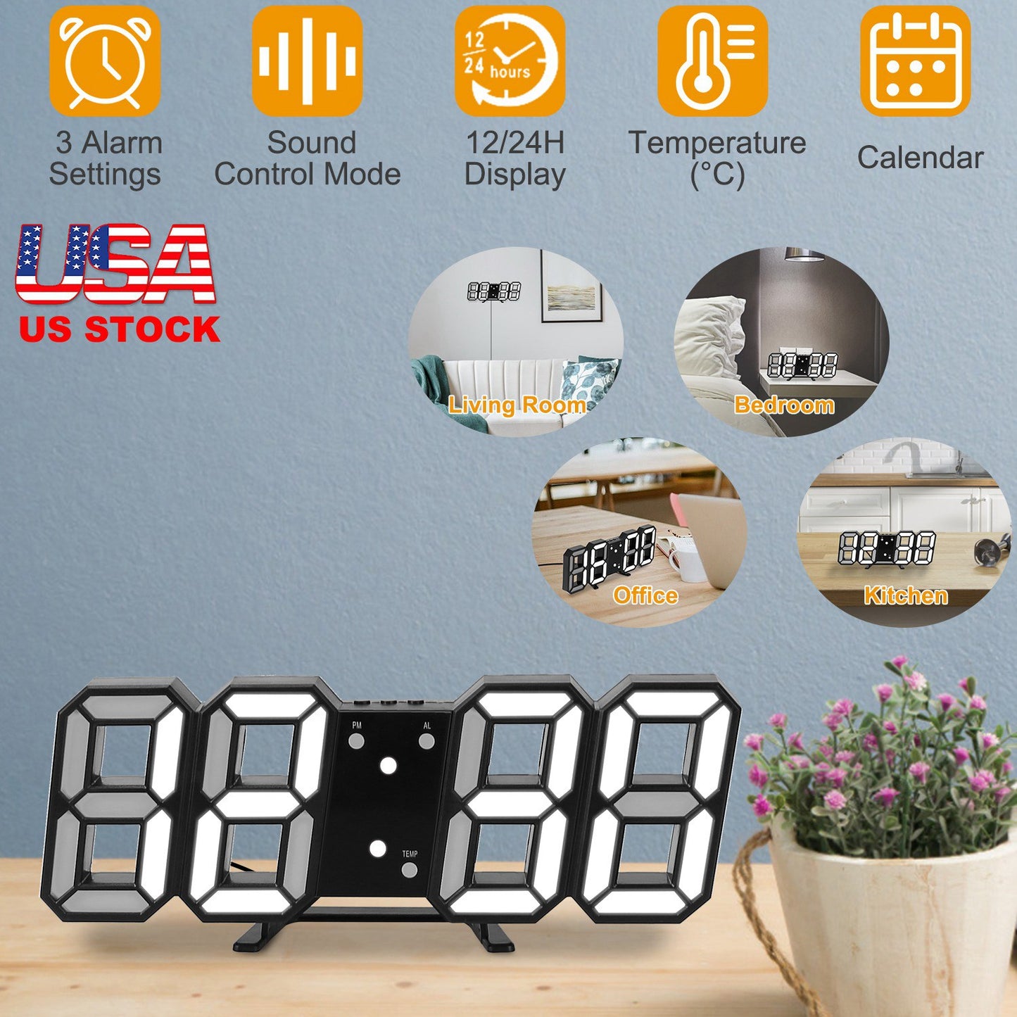 3D LED Digital Wall Clock Sound Control Table Desk Alarm Clock w/ 3 Auto Adjustable Brightness Snooze Date Temperature 12/24Hr Time Display For Office