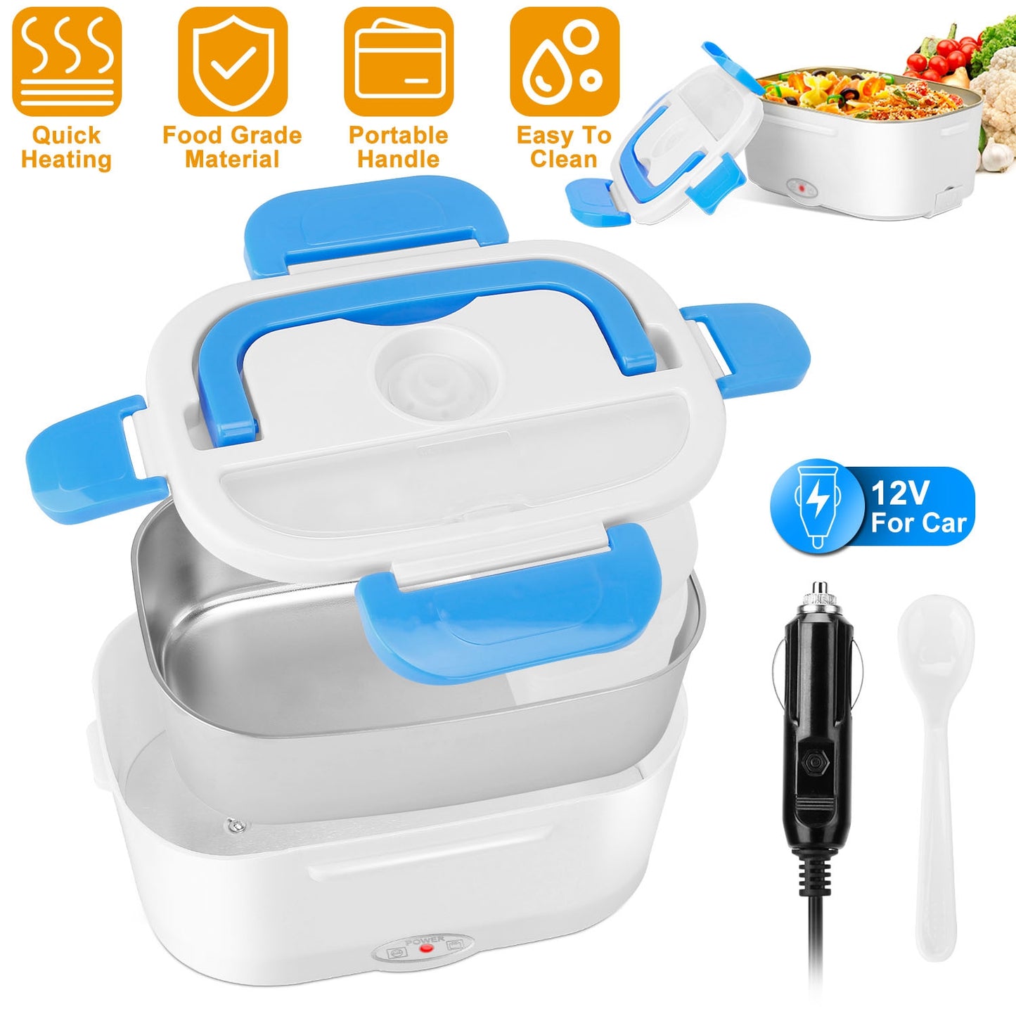 Electric Heating Lunch Box Food Heater Container Travel Thermal Bento Box Portable Food Warmer w/ 2 Removable Compartments 1 Free SpoonÊ1L