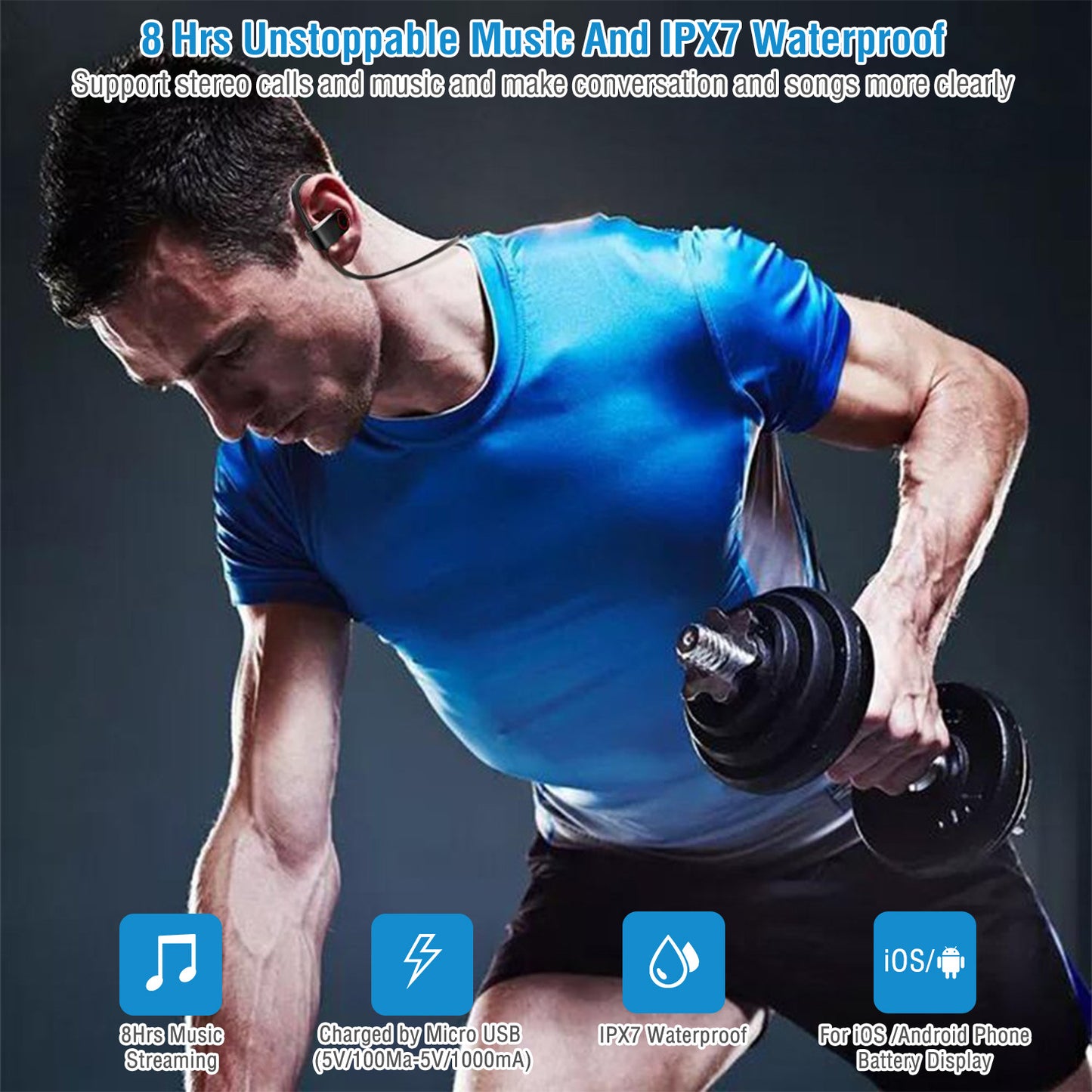 Wireless Headset IPX7 Waterproof Sport Headphones In-Ear Wireless4.1 Stereo Earphone Noise Canceling Neck Earbuds w/Mic 8 Hrs Work Time for Running Hi