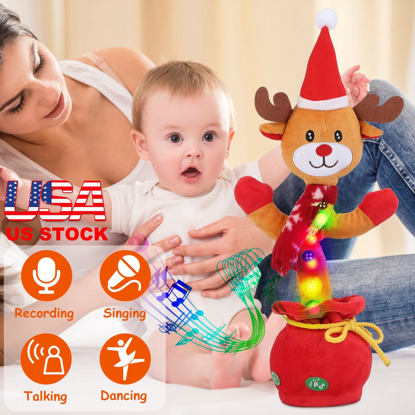 Kid Electric Dance Toy Christmas Elk Snowman Senior Penguin Plush Toy Interactive Sing Song Whirling Mimicking Recording Light up Toy
