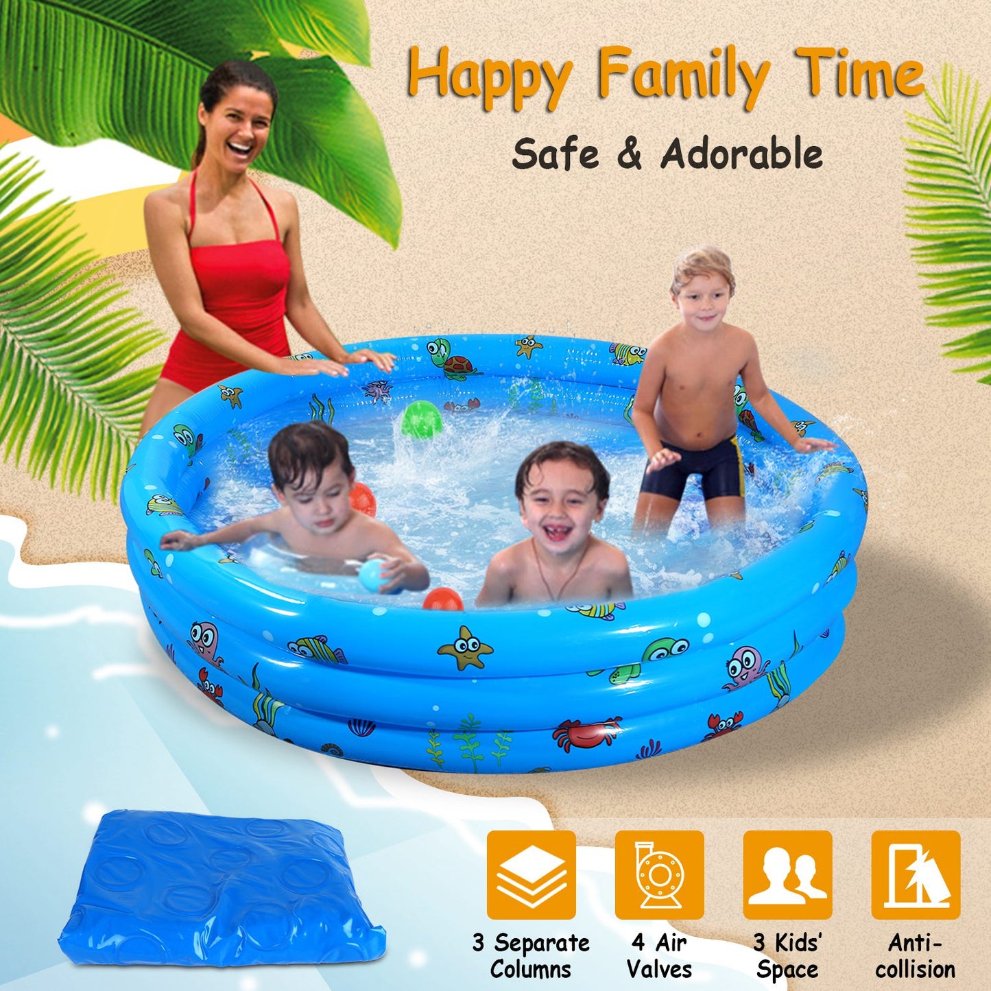 51x13Ó Inflatable Swimming Pool Blow Up Family Pool For 3 Kids Foldable Swim Ball Pool Center w/ 4 Valves Bottom Water Drain Plug For Indoor Backyard