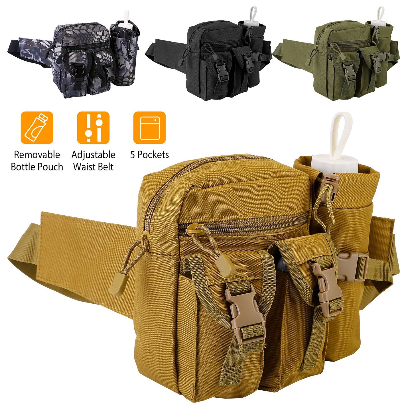 Tactical Waist Bag Utility Pouch Military Hiking Belt Bag w/ Water Bottle Pouch For Fishing Mountaineering Camping Hunting Running Outdoor