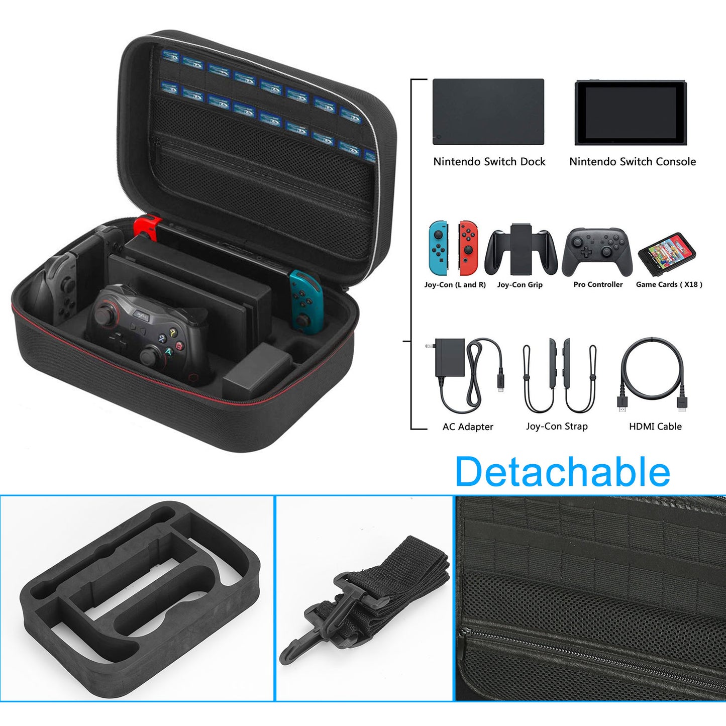 Portable Deluxe Carrying Case for Nintendo Switch Protected Travel Case w/ Rubberized Handle Shoulder Strap