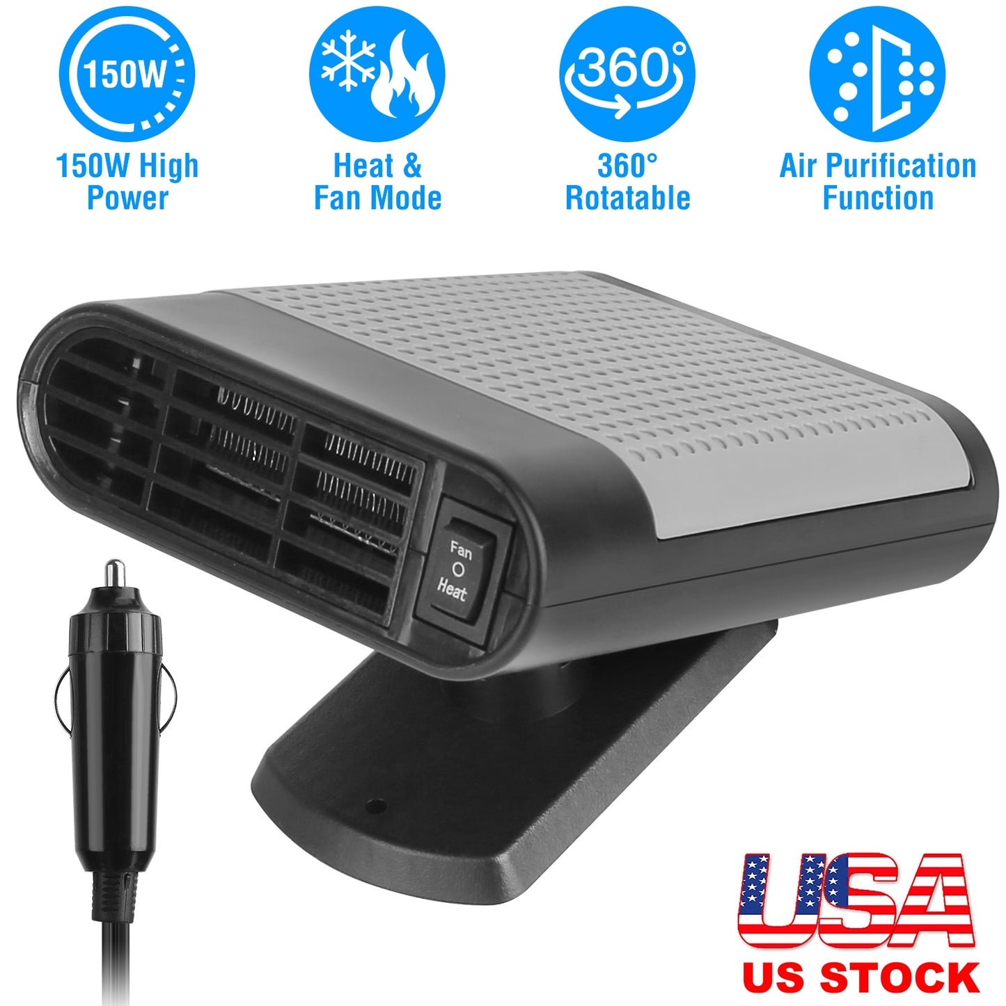 12V 150W Portable Car Heater Heating Fan 2 In 1 Defroster Defogger Demister Windshield Heater Automotive Cooling Fan with Air Purification 360¡ Rotati