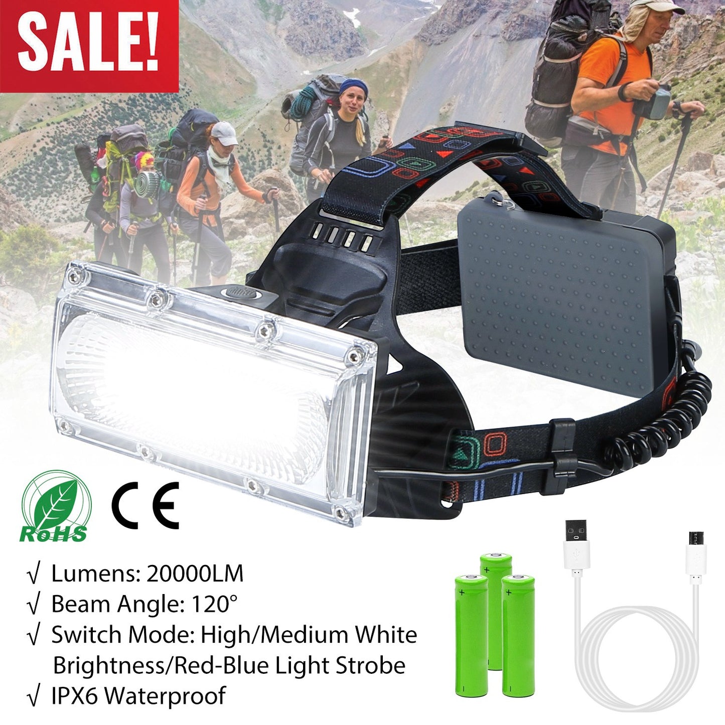 20000LM LED Work Headlamp 3 Lighting Modes Rechargeable Headlights IP65 Waterproof Rotatable Headlights For Cycling Hiking Rescuing Camping
