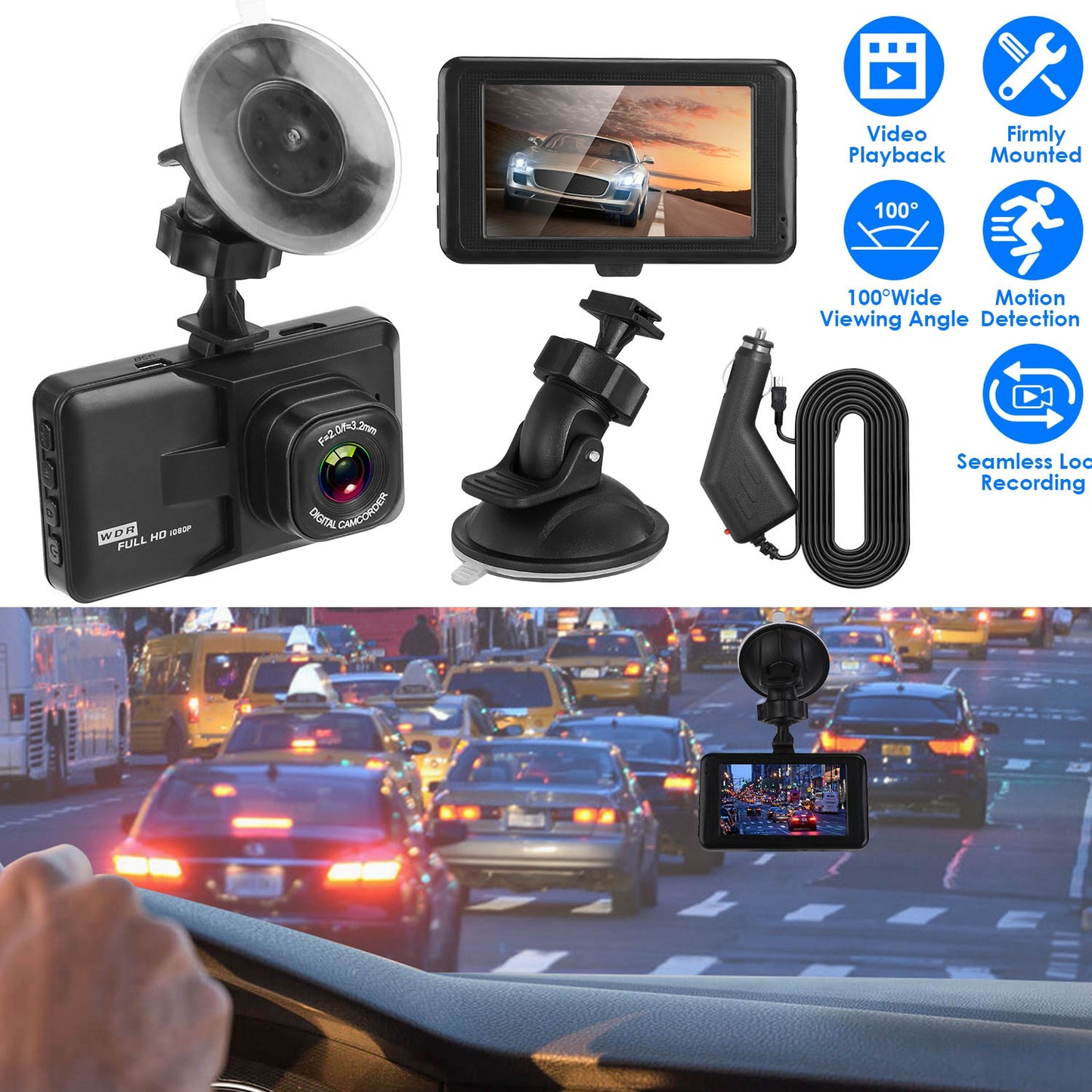 1080P Car DVR 3in Camera Dash Cam Camcorder Camera Recorder with 100¡ Angle Loop Recording Motion Detection