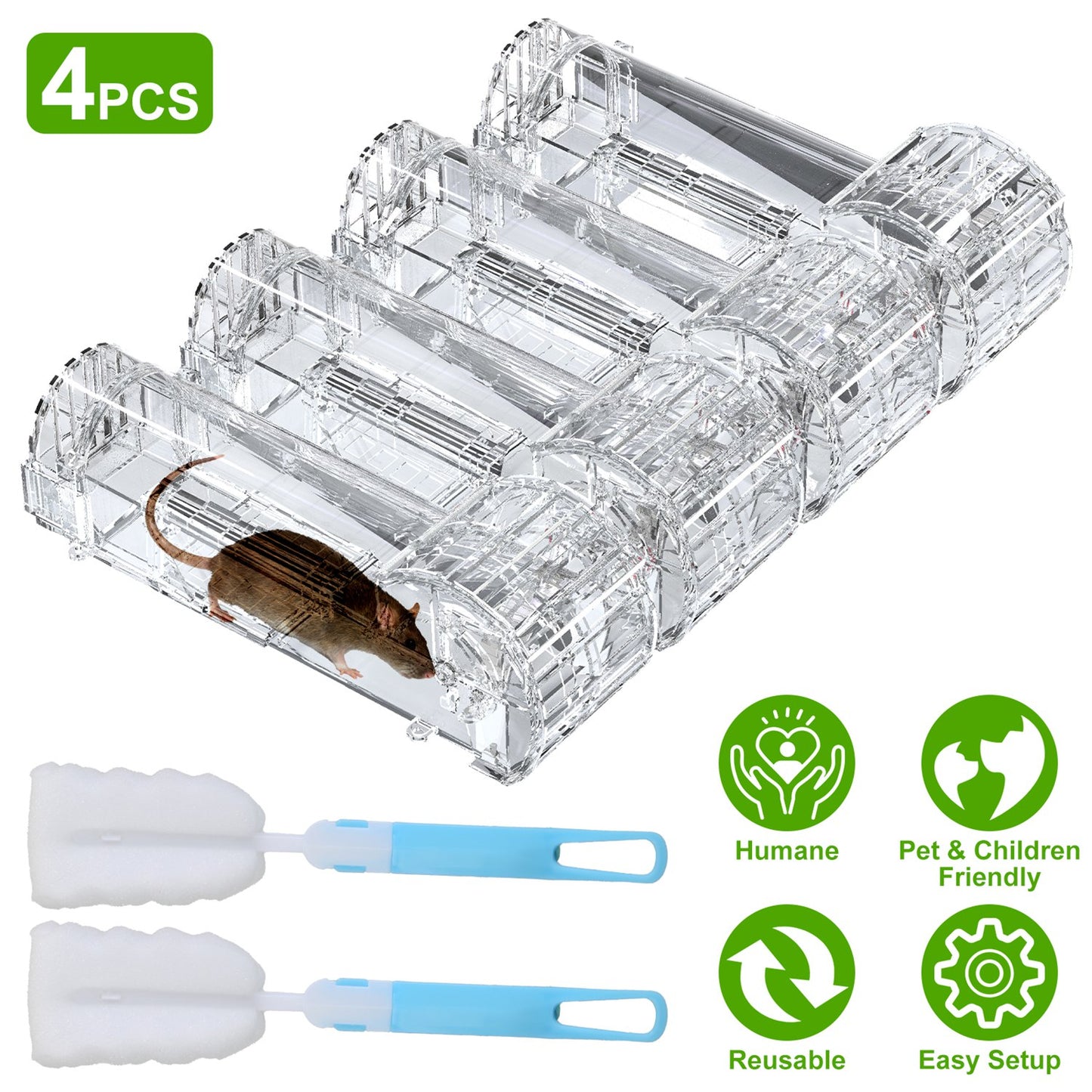 4Pcs Humane Live Mouse Trap Reusable Rat Rodent Trap Catch Release Cage Safe for Family Children Pets Easy Setup