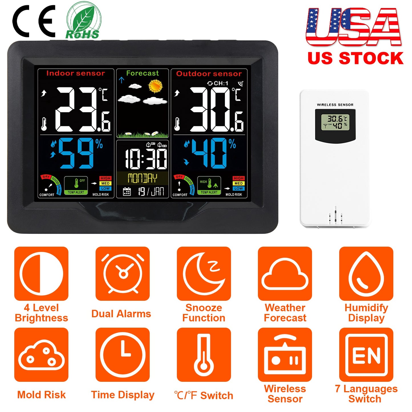 Electric Weather Station Snooze Alarm Clock Wireless Sensor Indoor Outdoor Thermometer Humidity Weather Forecast Temperature Frost Alert with Backligh