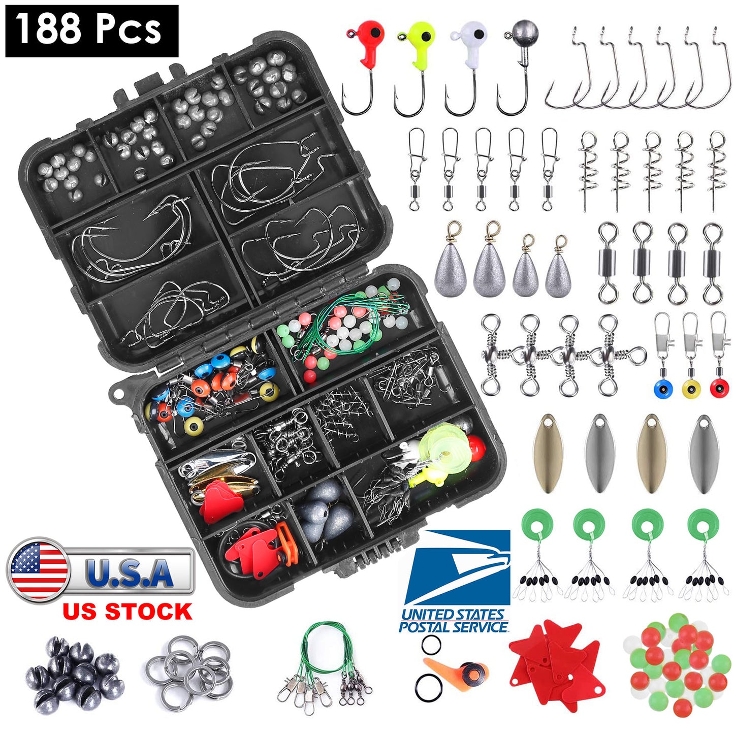 188Pcs Fishing Accessory Kit Portable Fishing Set Including Jig Hooks Sinker Weights Spoon Lure Removable Split Shot w/ Tackle Box