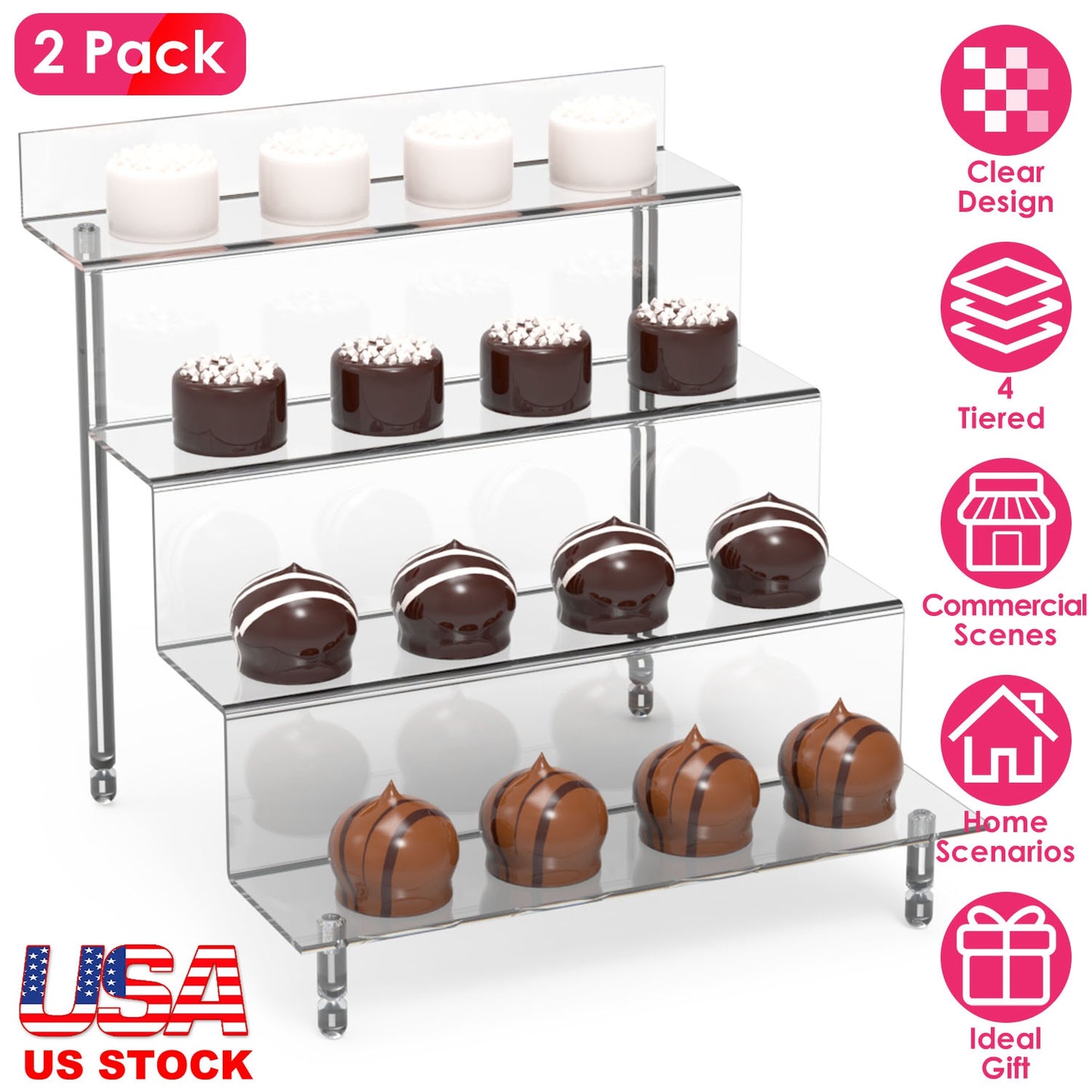 2 Pack 4 Tiered Acrylic Riser Display Shelf Display Stands For Products Clear Figure Display Shelf for Pops Action Figure Collectibles Souvenir Desser