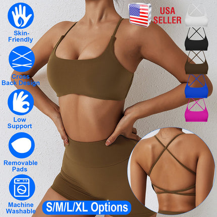 Women Cross Back Sport Bras Padded Strappy Crop Open Back Low Impact Bras Sexy Fitness Tank Tops with Removable Pads Thin Straps for Gym Yoga Workout