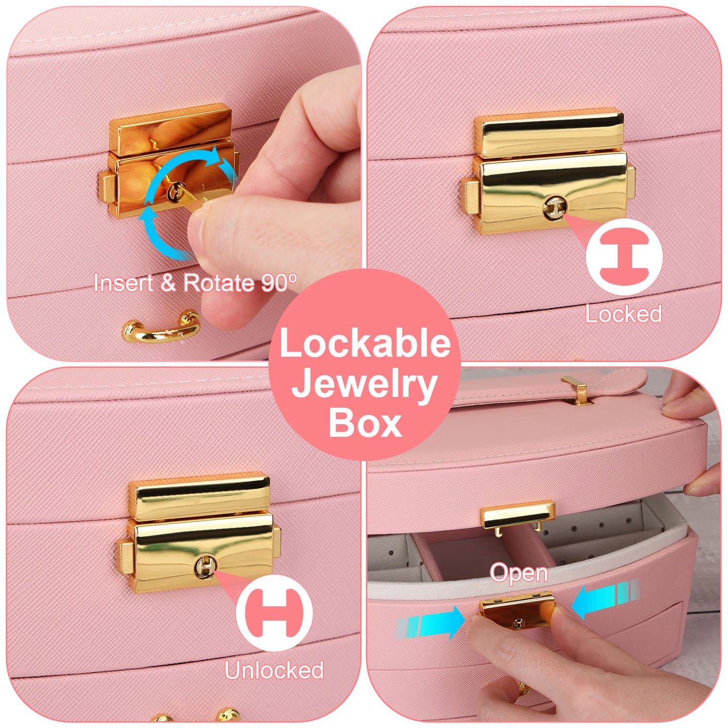 2-Layer Jewelry Box for Women Girls Lockable Leather Jewelry Organizer Jewelry Travel Case for Rings Earrings Necklaces Bracelets