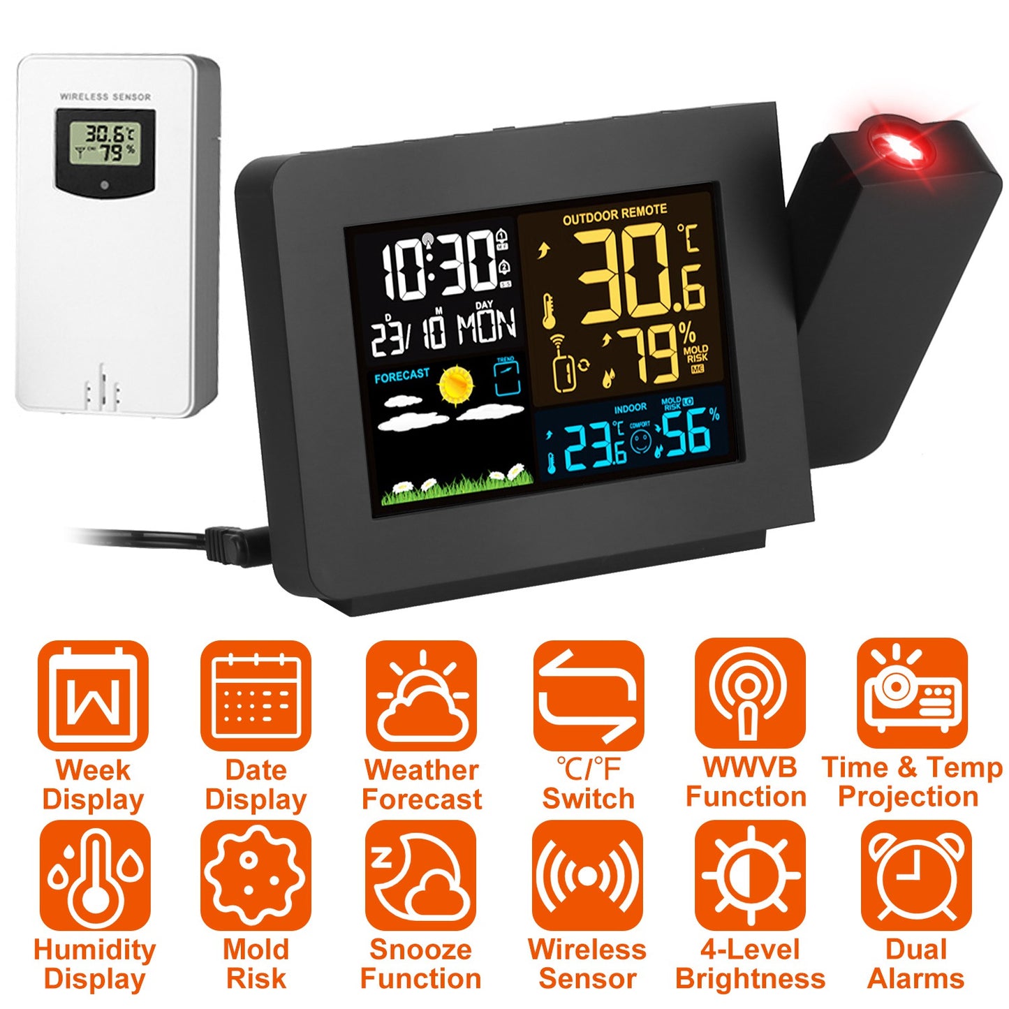 Atomic Projection Alarm Clock Radio Control Clock with WWVB Function Weather Station Dual AlarmsÊSnooze Outdoor Wireless Temperature Humidity Sensor