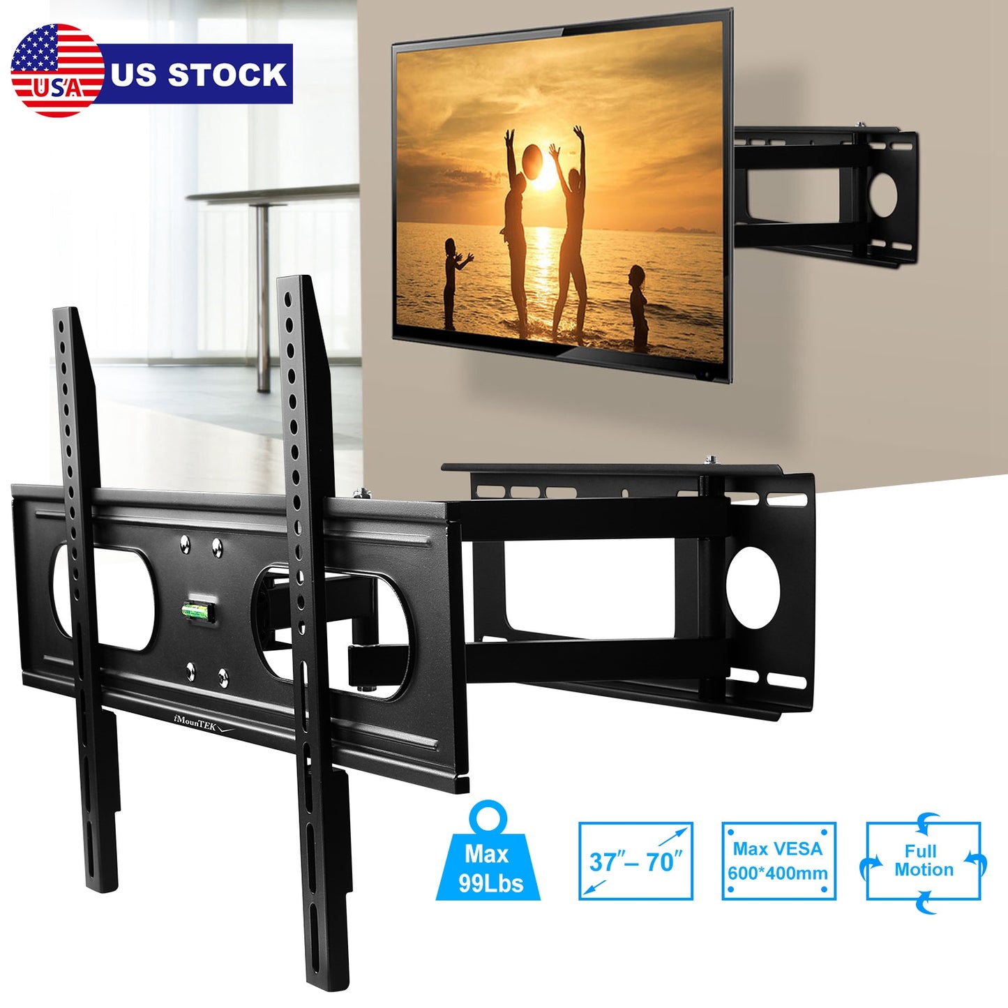 Full Motion TV Wall Mount Swivel Tilt TV Wall Rack Support 37-70Ó TV Wall Mount Max VESA Up To 600x400mm Holds Up To 99LBS