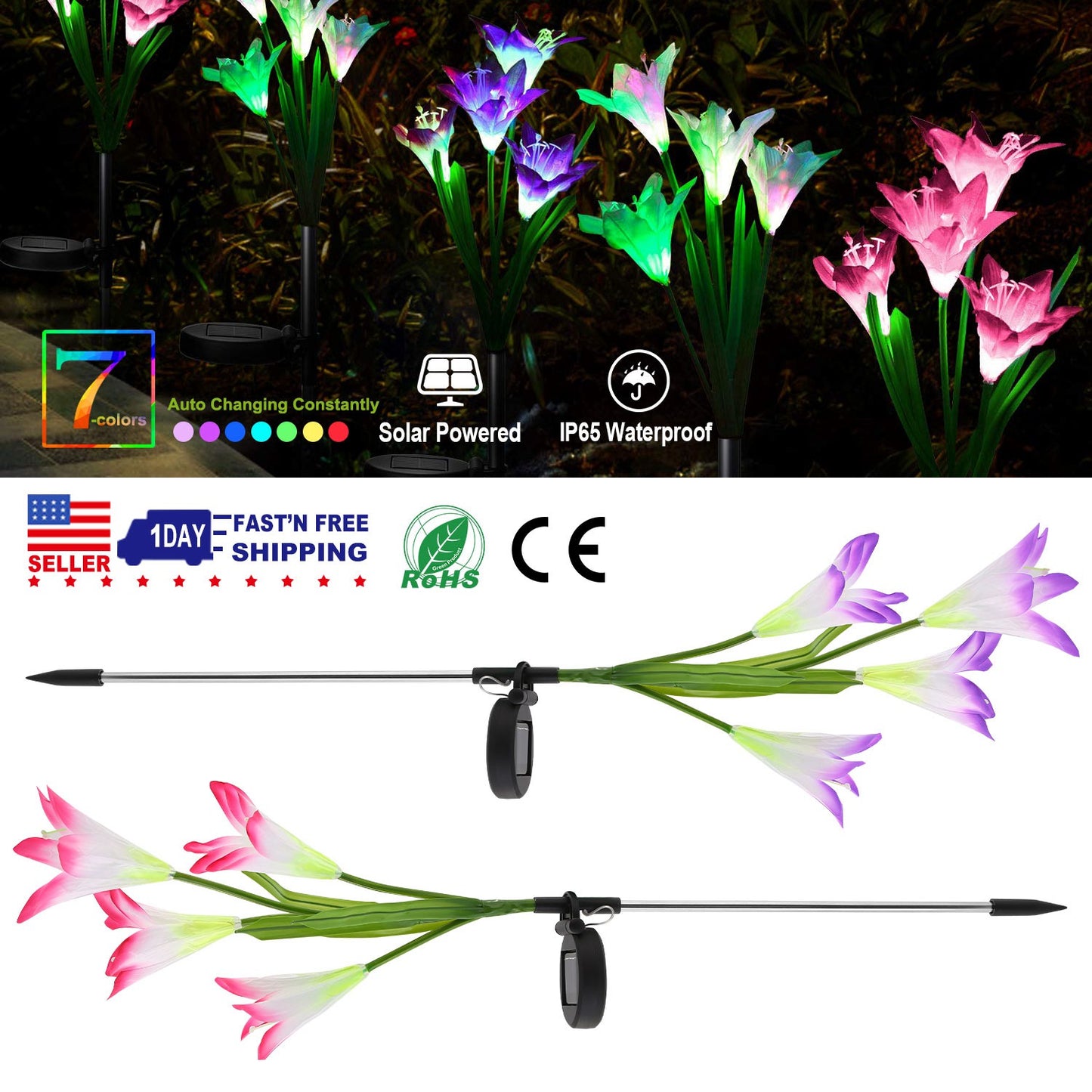 2Pcs Solar Garden Lights Outdoor Lily Flower LED Light 7-Color Changing IP65 Waterproof Pathway Stake Lights Patio Decorative for Garden Patio Yard Wa