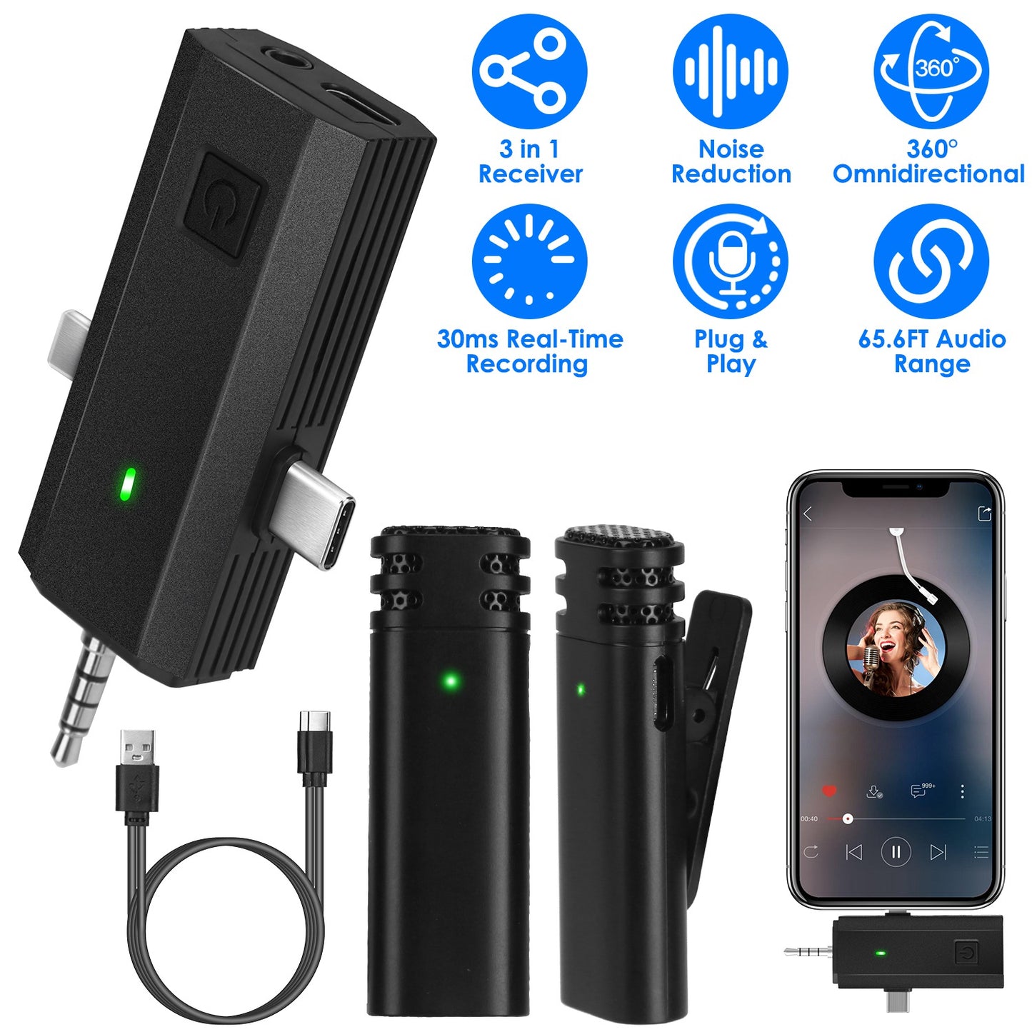 2 Pack 3 in 1 Wireless Clip On Microphone Omnidirectional Mic Noise Reduction Plug and Play 65.6FT Transmission Type-C IOS PC Video Record Interview V