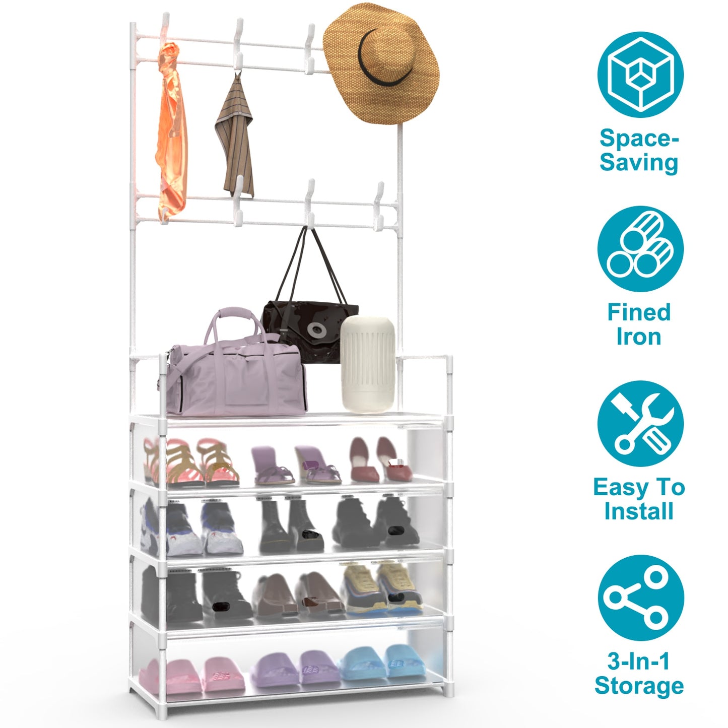 5-Tier Dustproof Entryway Hall Tree Coat Rack Shoe Rack With 8 Removable Hooks Freestanding Shoe Storage Shelf Hat Clothes Organizer For Front Door Be