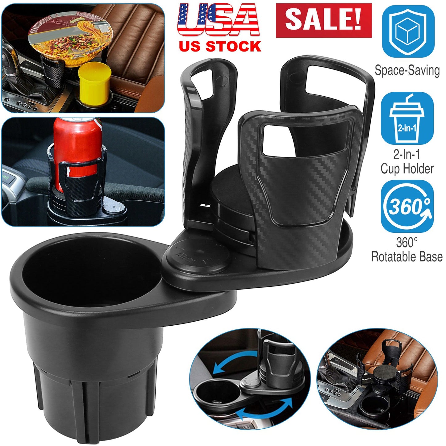 2 In 1 Car Cup Holder Extender Adapter 360¡ Rotating Dual Cup Mount Organizer Holder For Most 20 oz Up To 5.9" Coffee Drinking Bottles Key Glass Stora
