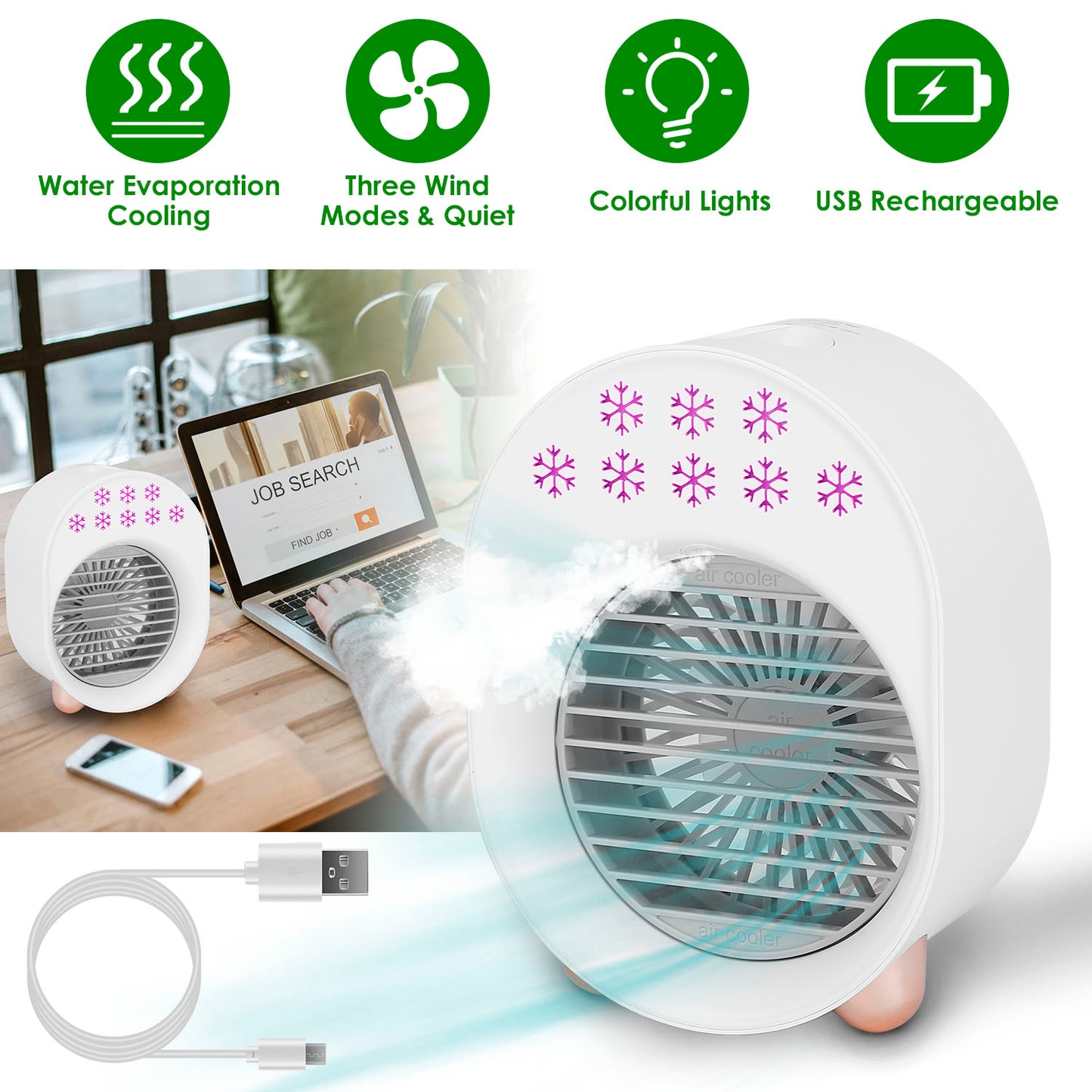 4 In 1 Portable Mini Desktop Air Conditioner Fan Water Mist Cooling Fan USB Rechargeable Humidifier Fan Evaporative Air Cooler 3 Wind Modes Colorful L