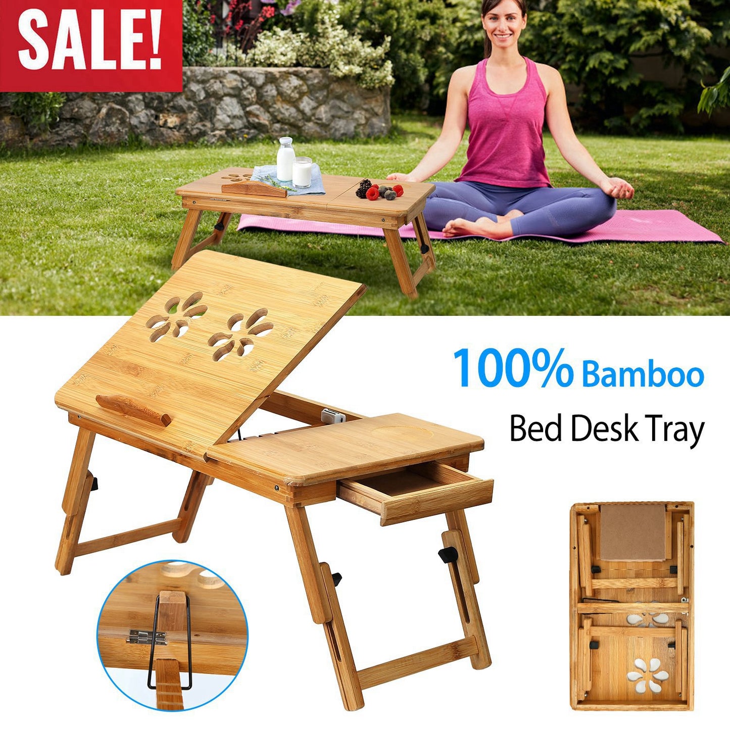 Bamboo Laptop Desk Breakfast Serving Bed Tray Foldable Leg Multi-Position Adjustable Tilt Surface Bed Lap Tray with Side Storage Drawer for Work Study