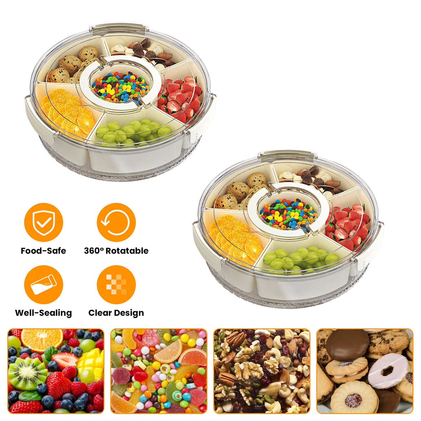 2Pcs Divided Serving Tray with Lid and Handle 360¡ Rotatable Snack Box Container with 6 Dividers Clear Portable Snack Platters for Fruit Candy Nut Sna