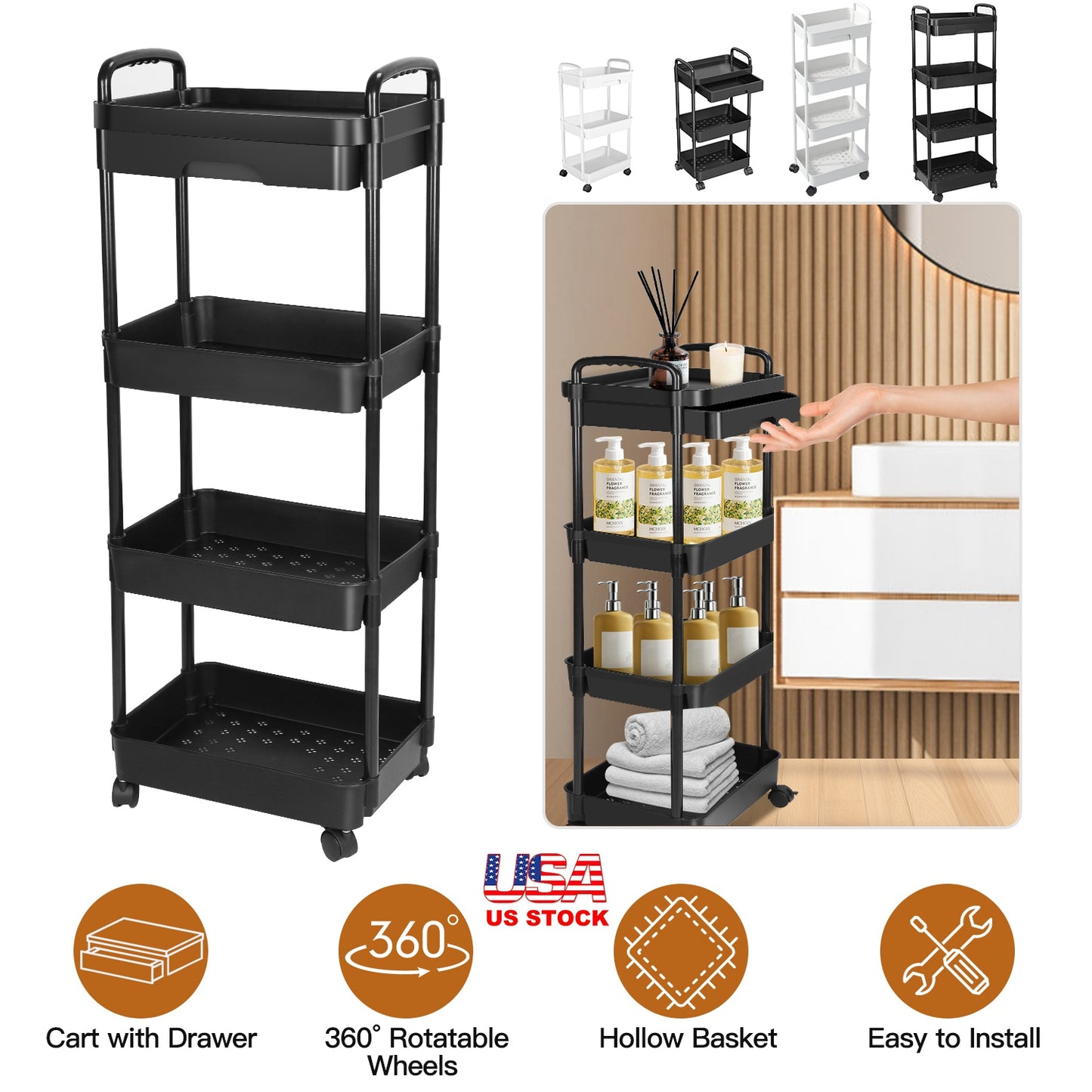 3 Tier Rolling Utility Cart Movable Storage Organizer with Drawer Lockable Wheels 360 Degree Rotatable Hallow Design for Bedroom Bathroom Kitchen