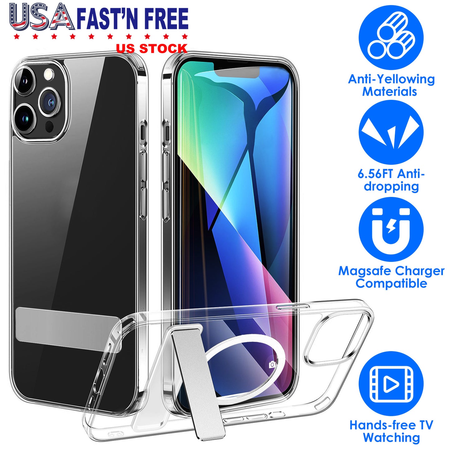 Magnetic Metal Kickstand Clear Case Shockproof Anti Yellowing Phone Cover Compatible with Magsafe Fit for IOS Phone 13 Pro Max