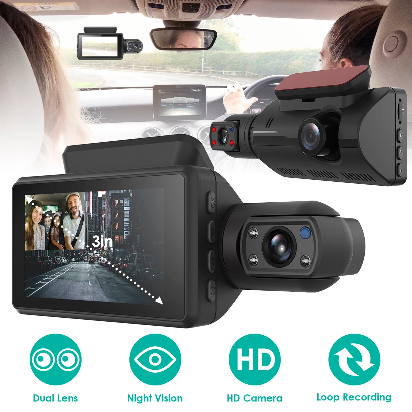 Dual Lens Car DVR Dash Cam Video Recorder 720P Front Inside Camera Loop Recording Night Vision Driving Vehicle Recorder
