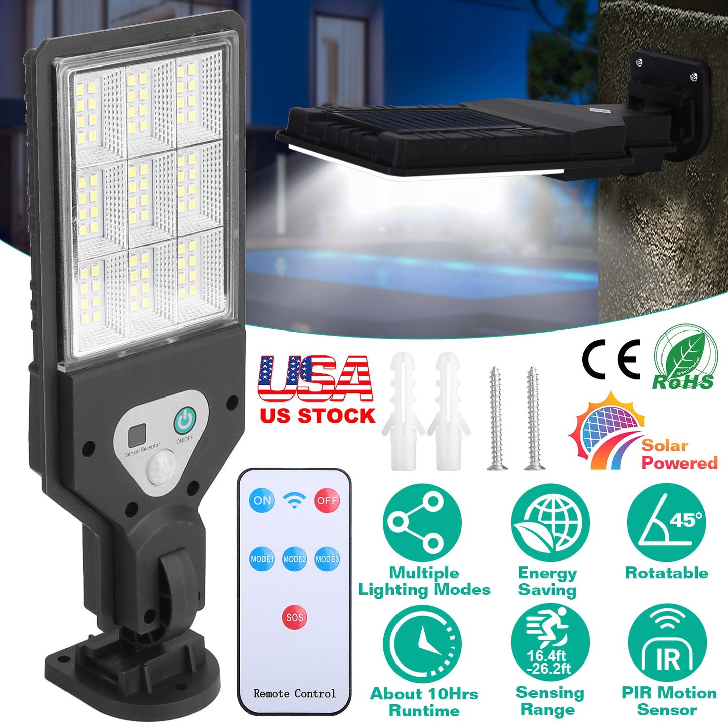 Solar Wall Light Outdoor 72 LED Beads PIR Motion Sensor Remote Control Wireless Lamps IP45 Waterproof Lighting for Garage Front Door Garden Pathway