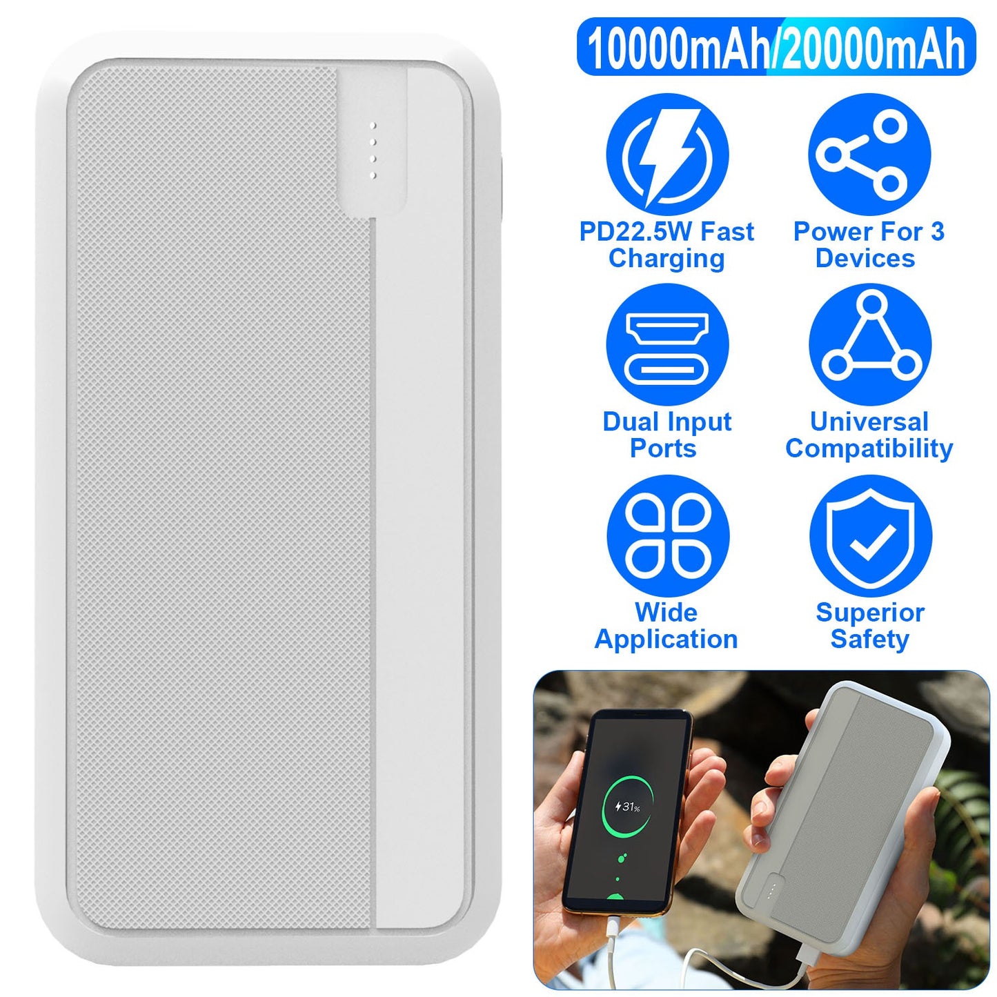 20000mAh PD22.5W Fast Charging Power Bank Fast Charger Portable Phone Charger with Type-C USB Cable Fit For IOS Phone 15/14 Samsung Galaxy S24 And Mor