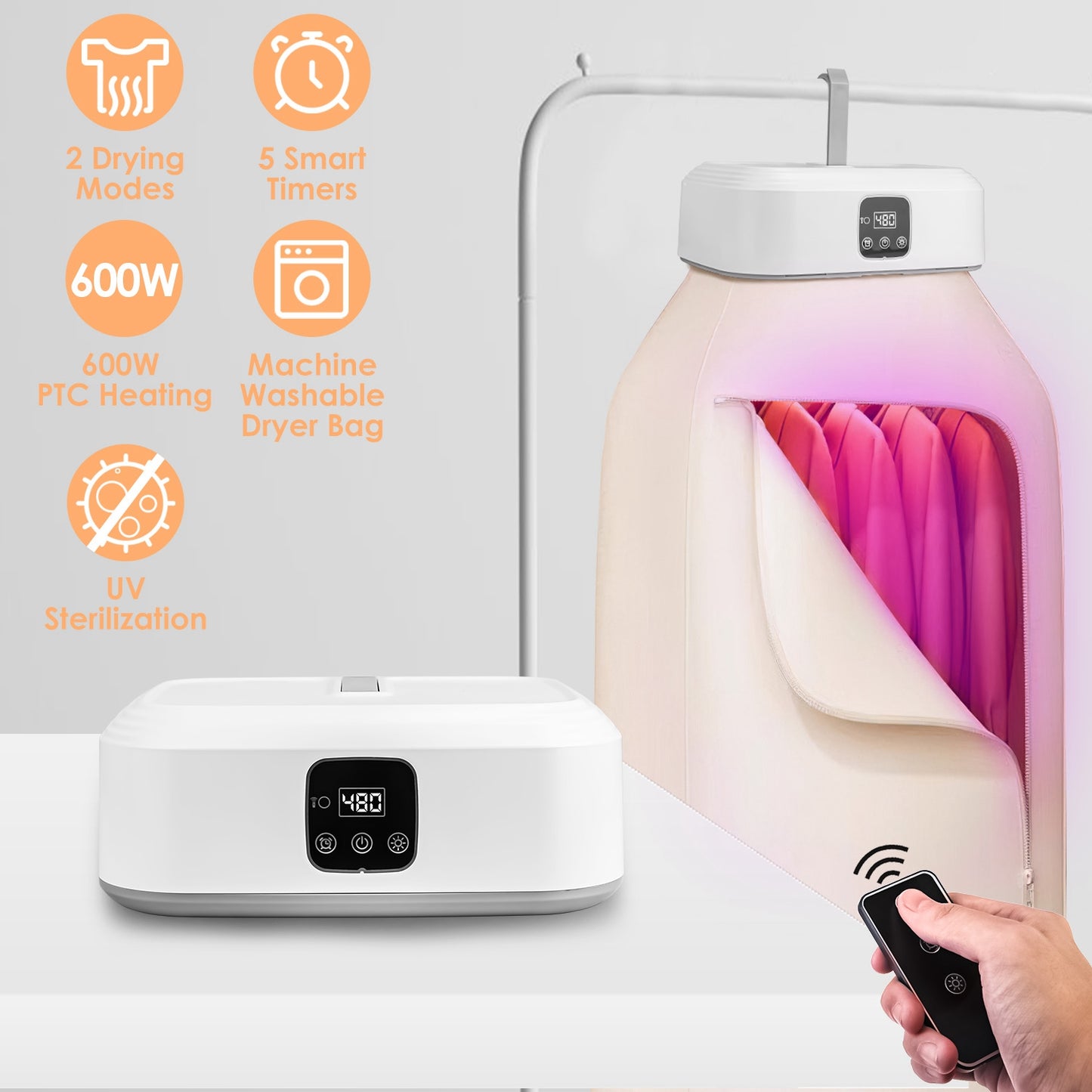 Portable Clothes Dryer Mini Dryer Foldable Dryer Machine with Timer UV Sterilization 2 Drying Modes Remote Control for Apartment Dorm RV Travel Home