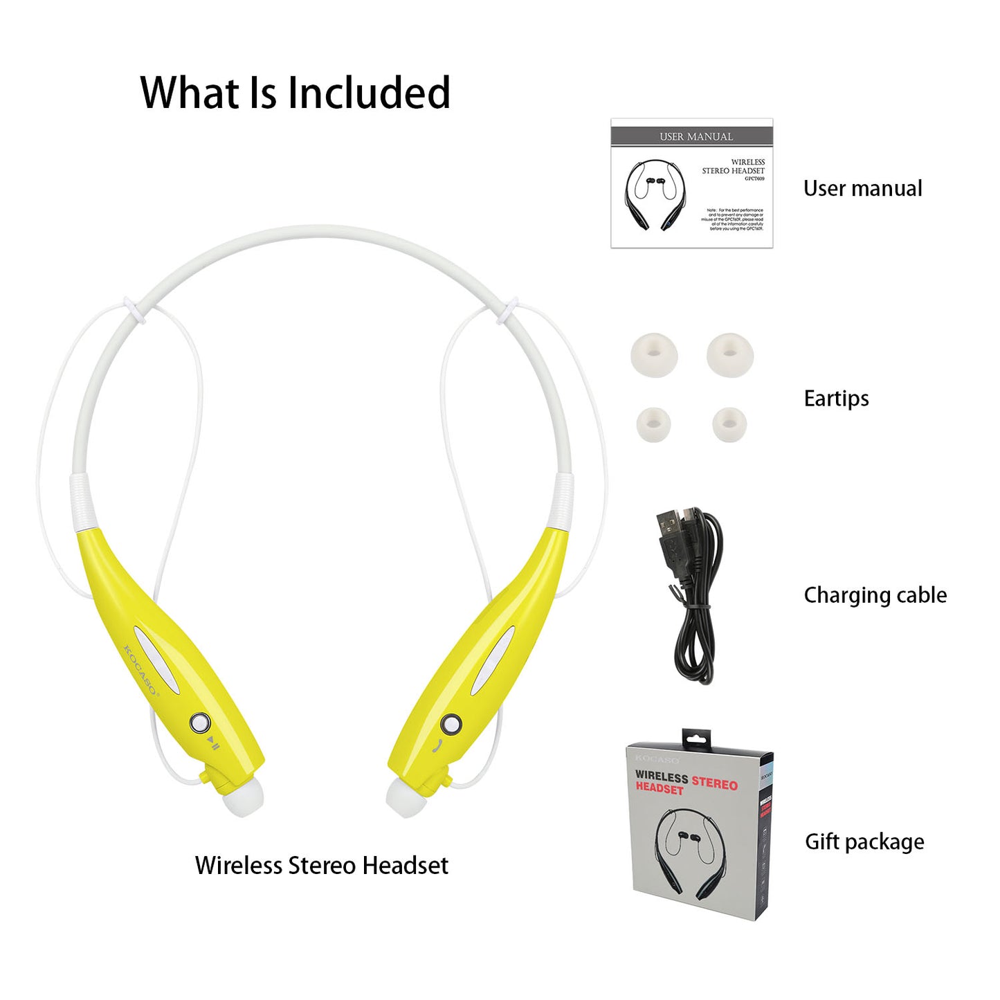 KOCASO Wireless Sports Stereo Hands Free Headset for Phone and Tablet in Yellow