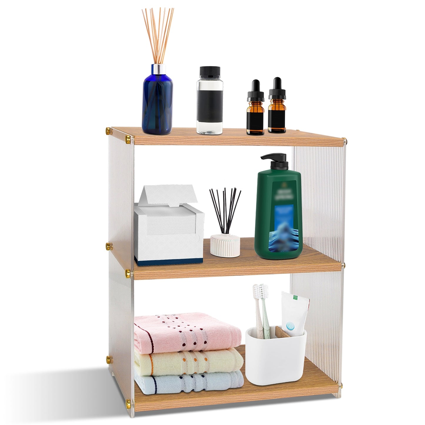 3-Tier Acrylic Countertop Organizer Bathroom Wood Counter Storage Rack Standing Vanity Cosmetics Shelf Cup Holder Desk Display Shelves