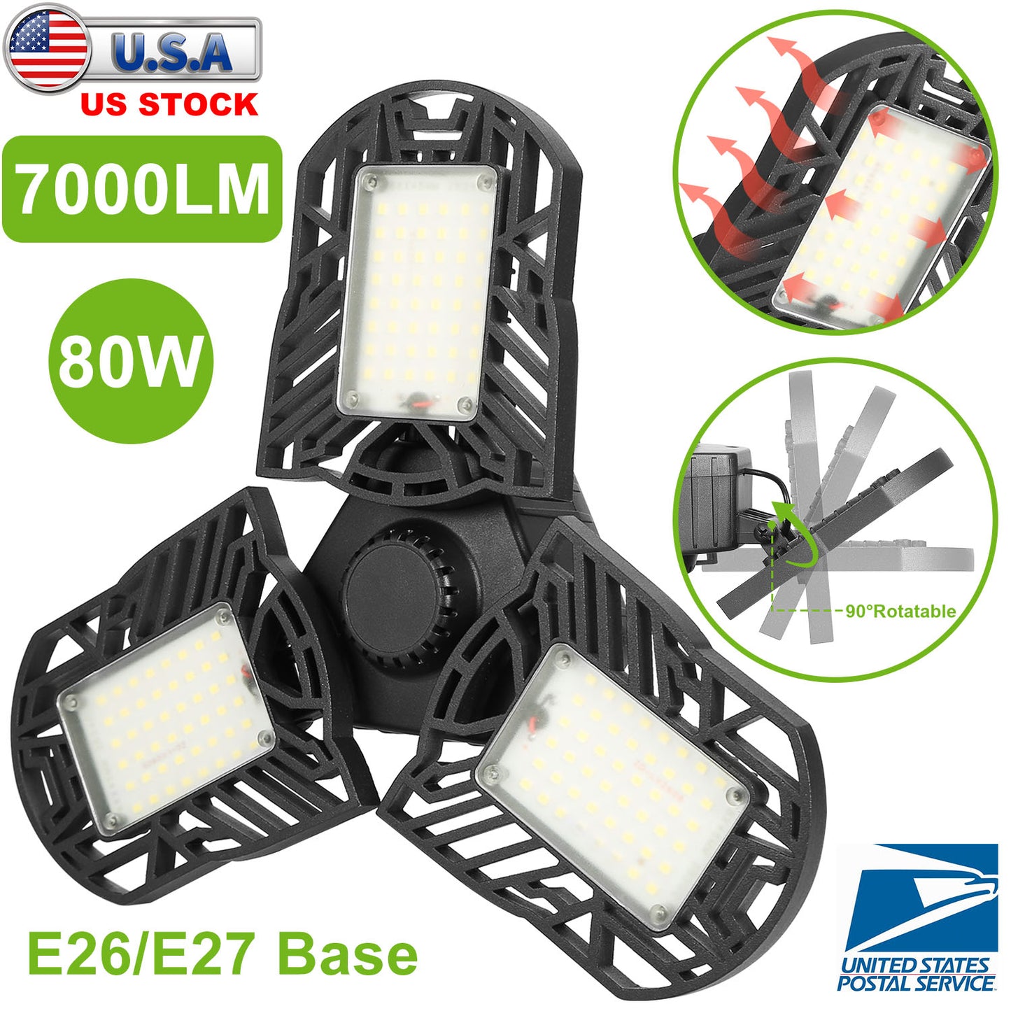 LED Garage Light, iMounTEK E26/E27 80W 7000LM 6500K Garage Ceiling Light Deformable Workshop Lamp Die Cast Aluminum LED Ceiling Light Bulbs with 3 Adj