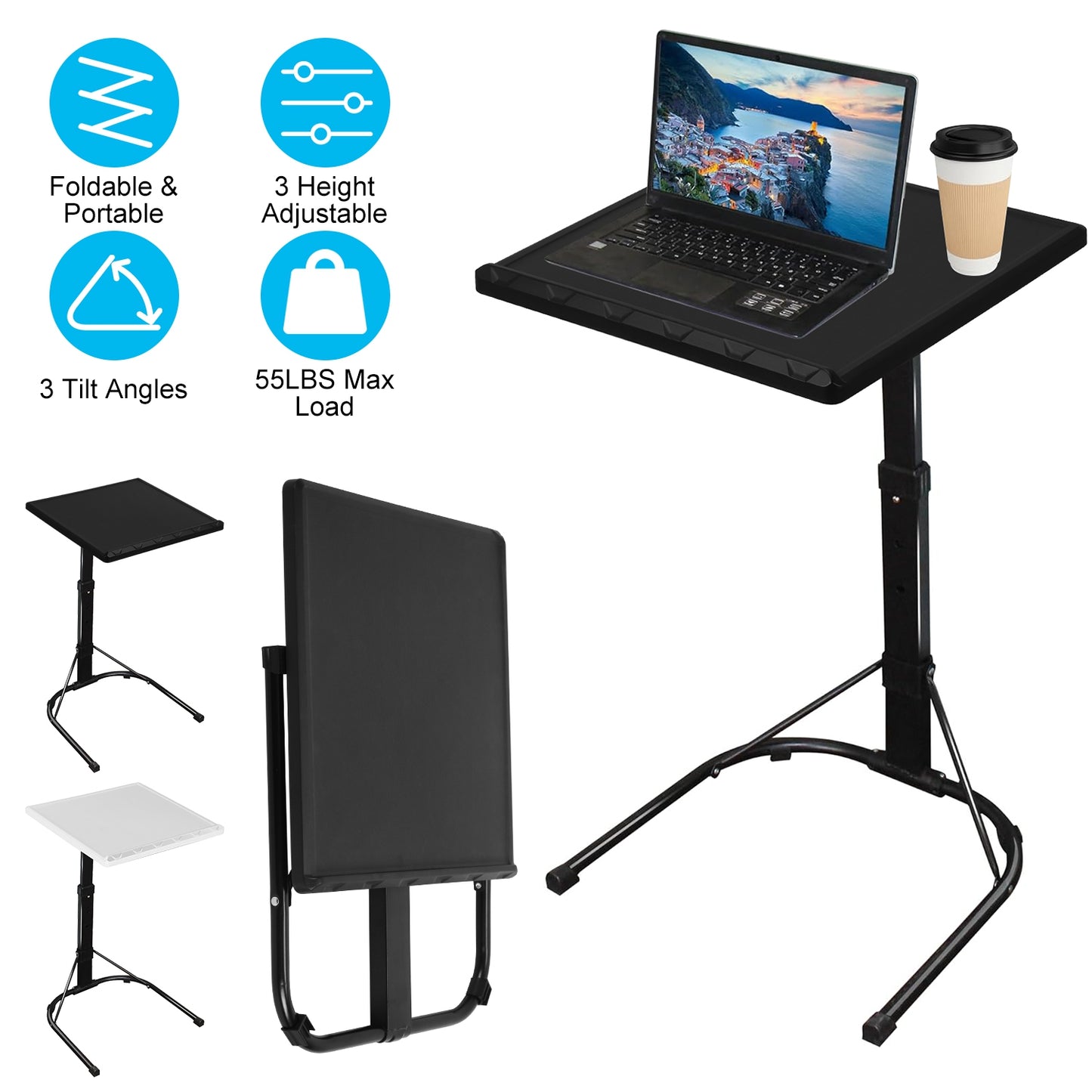 Folding Tray Table Portable Sofa TV Tray Laptop Desk C Side Adjustable Eating Dinner Coffee Table with 3 Adjustable Heights 3 Angles 55lbs Load Bearin