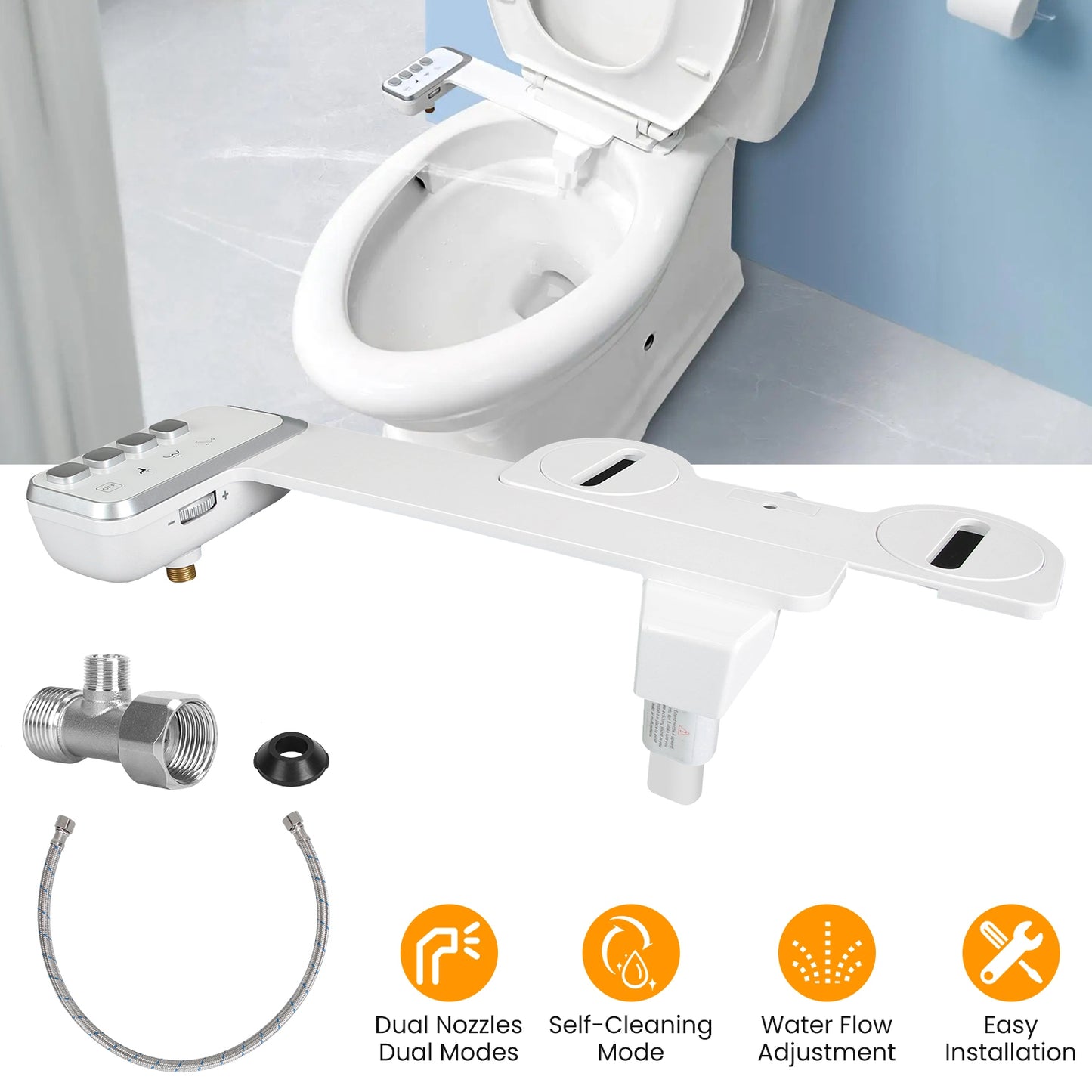Bidet Attachment for Toilet Non-Electric Fresh Water Bidet Sprayer Toilet Seat Attachment with Dual Nozzles Water Flow Control Self-Cleaning Mode
