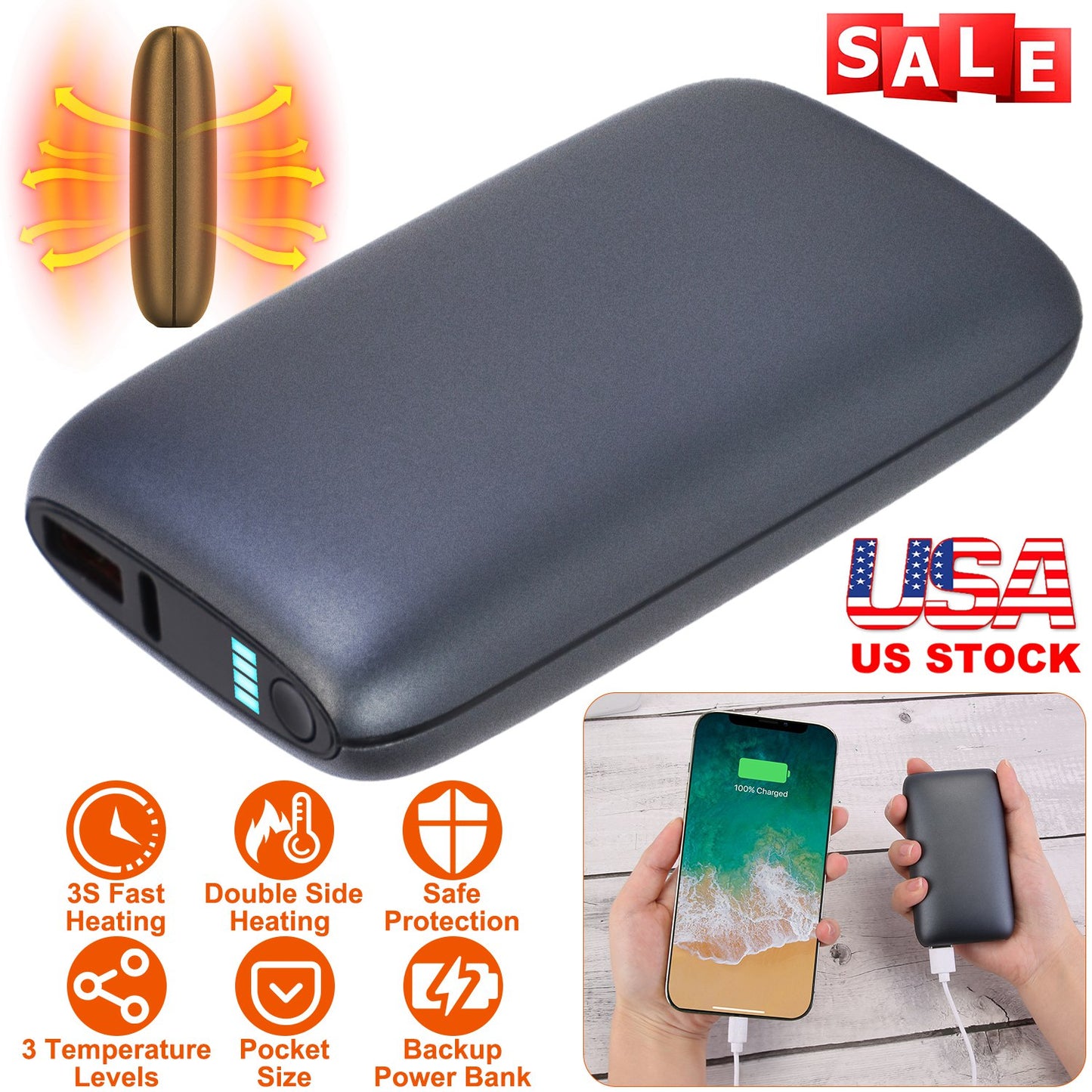 Electric Double Sided Hand Warmer 10000mAh Battery Backup Power Bank Rechargeable Hand Heater with 3 Temperature Levels Portable Pocket Warmer