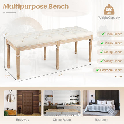 French Vintage Entryway Bench 47 Inch Upholstered Dining Bench