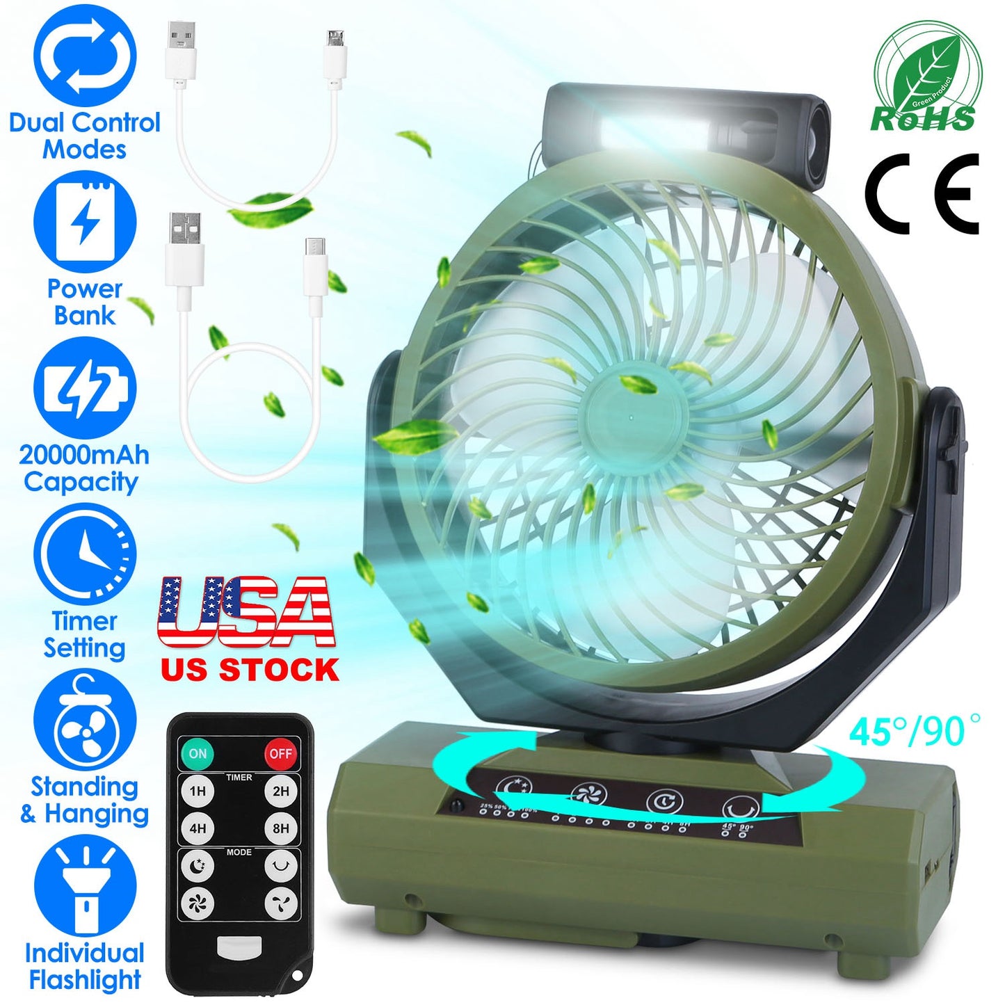20000mAh Rechargeable Oscillating Camping Fan with Flashlight Hanging Hook Remote Control Portable Fan for Tent Emergency Power Bank Desk Fan with Tim