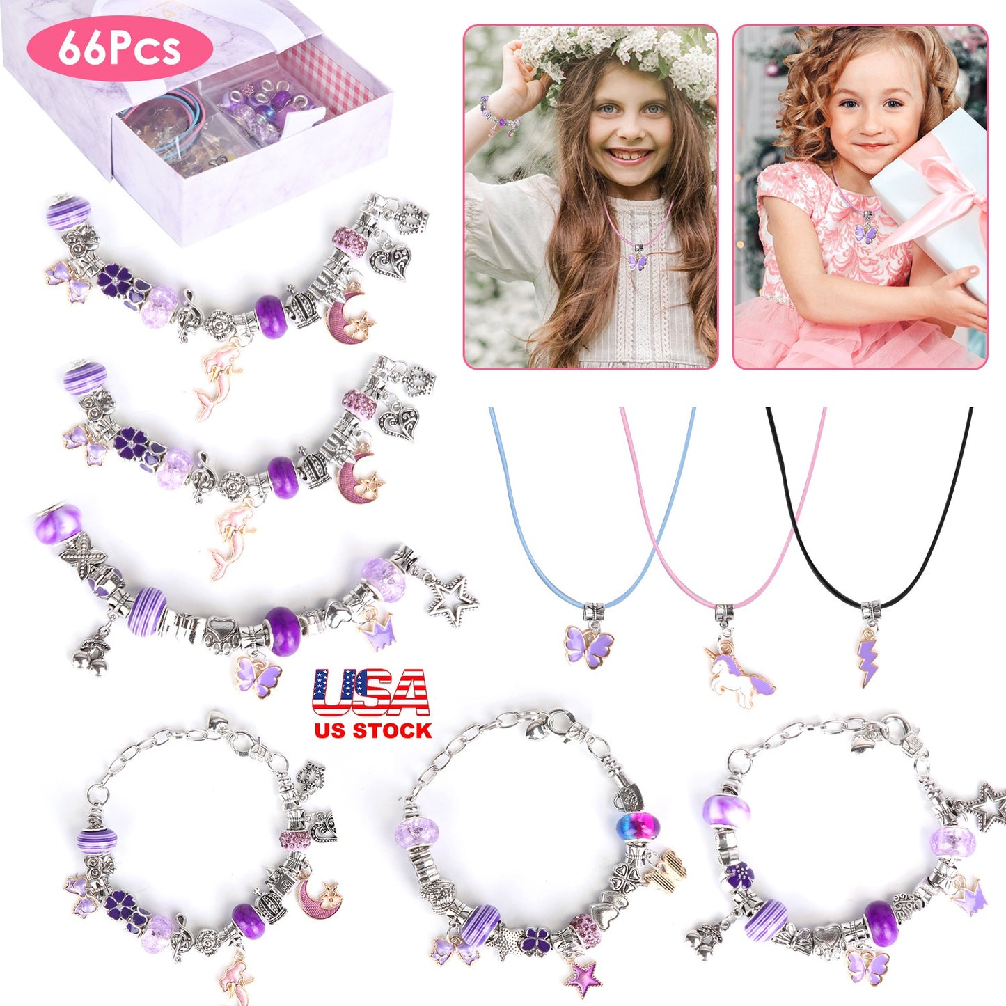 66Pcs Charm Bracelet Making Kit Kids\' Jewelry Necklace Making Kits Colorful DIY Charm Beads Pendant SetÊJewelry Decor Supplies with Gift Box for 5-12