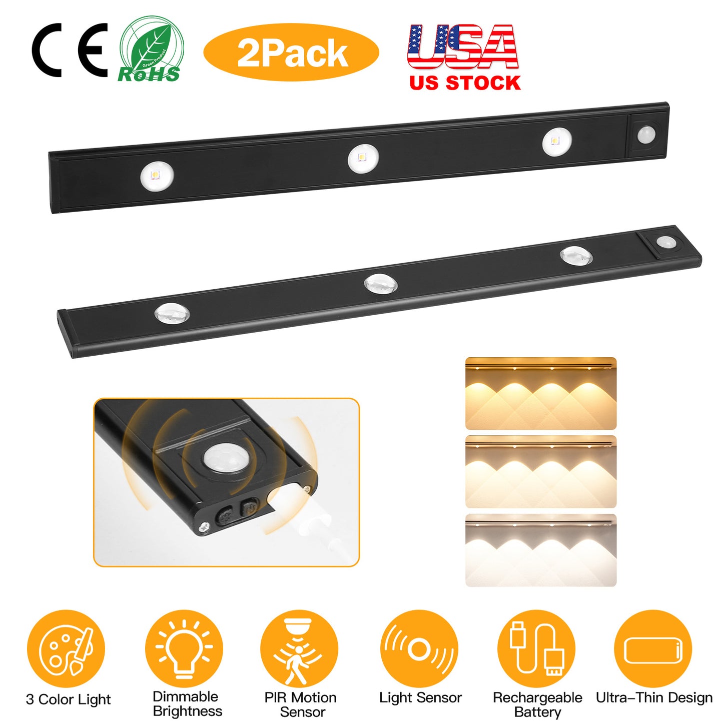 2Pack Rechargeable Cabinet Light Motion Sensor Light Cordless LED Closet Lamp 3 Colors Dimmable Light for Kitchen Cabinet