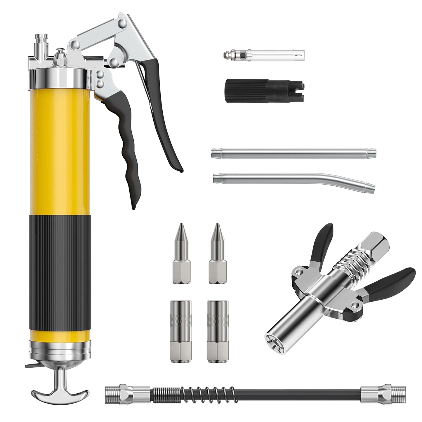 Grease Gun Kit Fit for 14 Oz Grease Tube 7000 PSI High Pressure Pistol Grip Grease Gun with Lock Coupler 11.8Ó Spring Flex Hose Jaw Couplers Sharp Noz