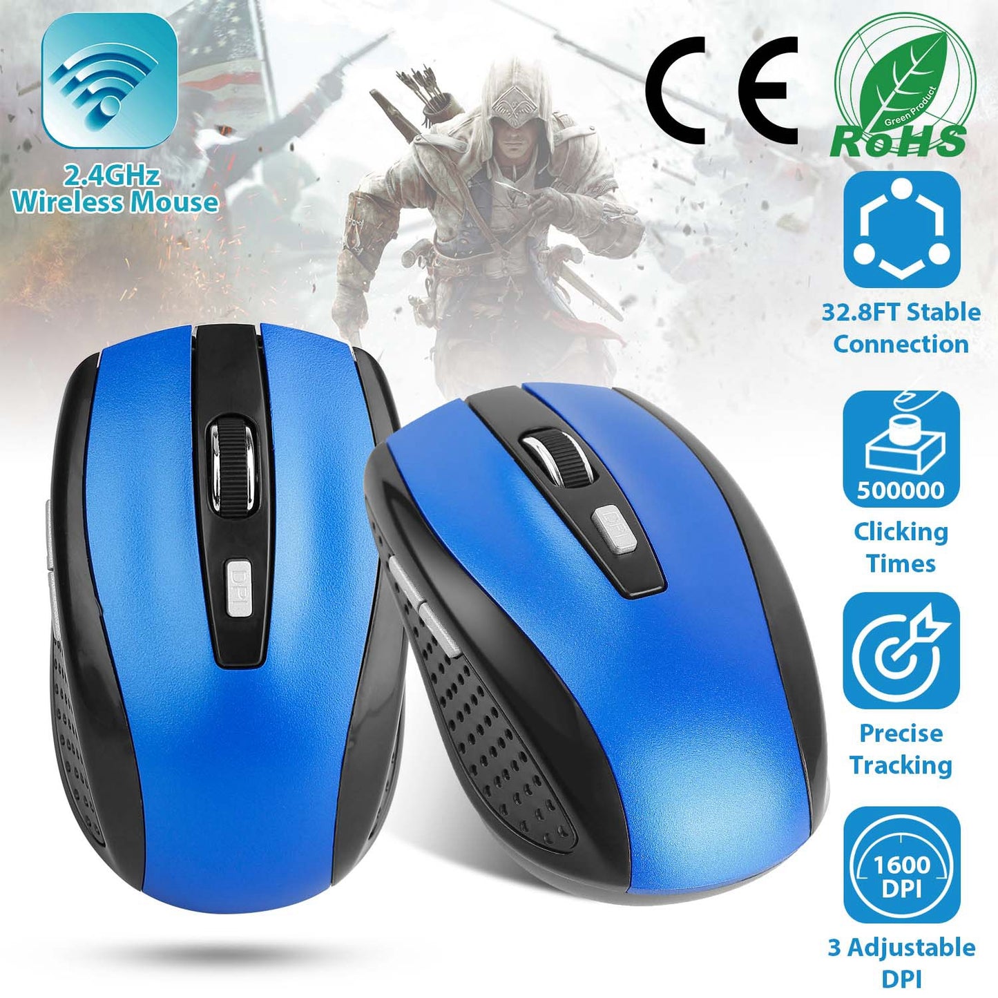 2.4G Wireless Gaming Mouse Optical Mice w/ Receiver 3 Adjustable DPI 6 Buttons For PC Laptop Computer Macbook
