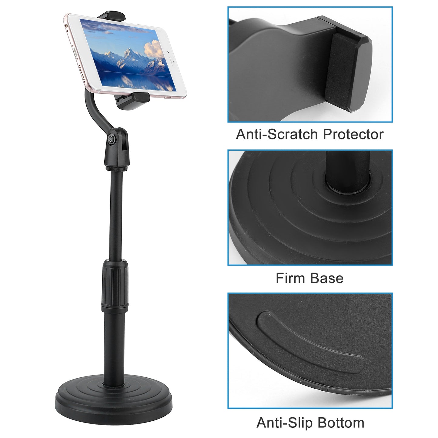 Desktop Phone Stand Angle Height Adjustable Phone Clamp Mount Rotatable Cell Phone Holder For 4-7in Device Selfie Vlog Recording Streaming
