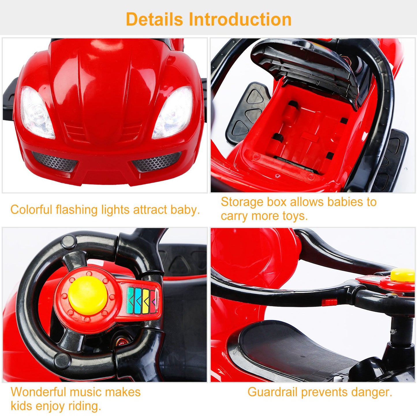 Ride on Push Car 4-Wheel Children Sliding Push Car W/ Colorful Flashing Light Music Handrail Guardrail Push Rod