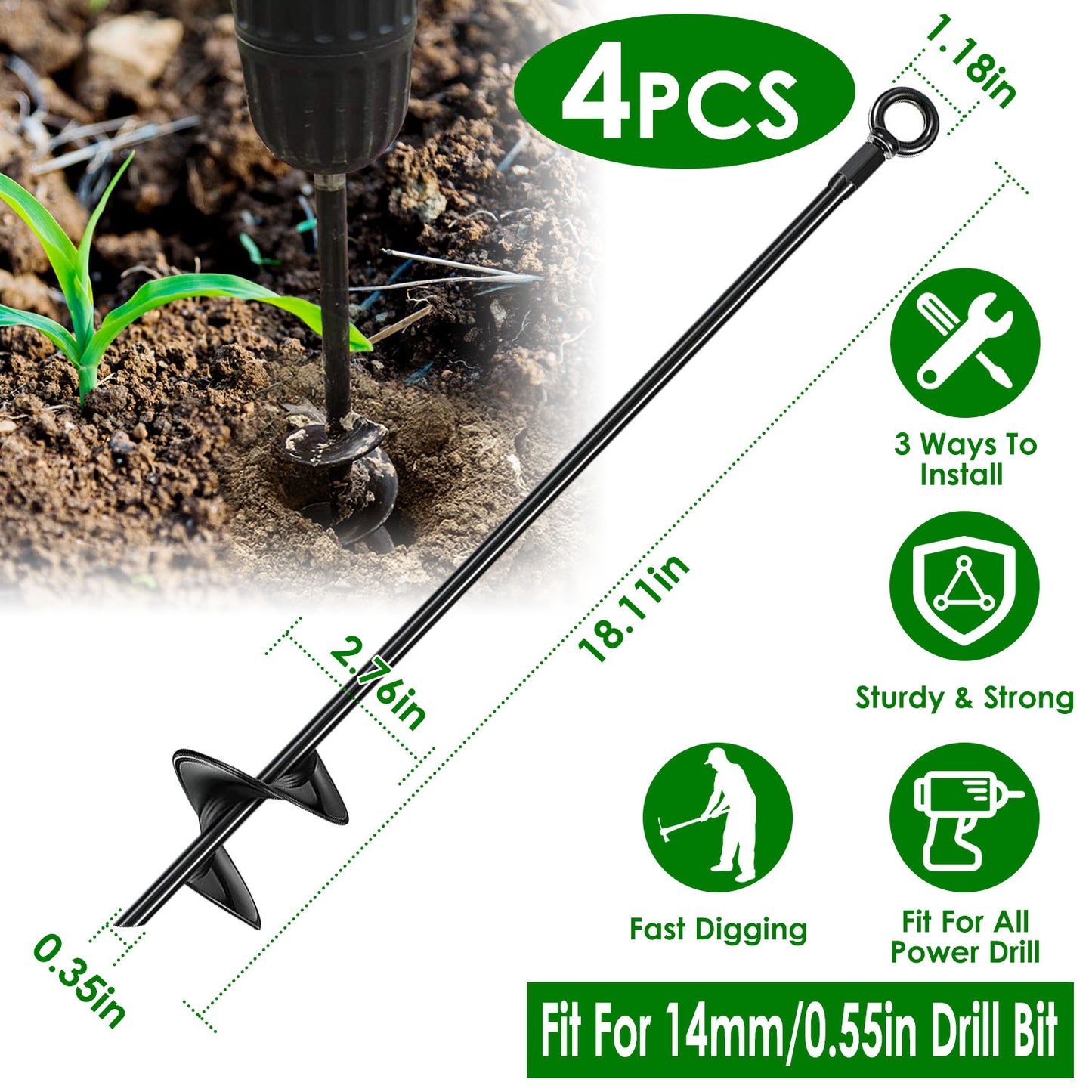 4 Pack Heavy Duty Ground Auger Stakes 2.76in Wide Spiral Drill Bits Soil Hole Digging Drill Shaft Farm Vegetable Flower Planting Earth Planter Digger