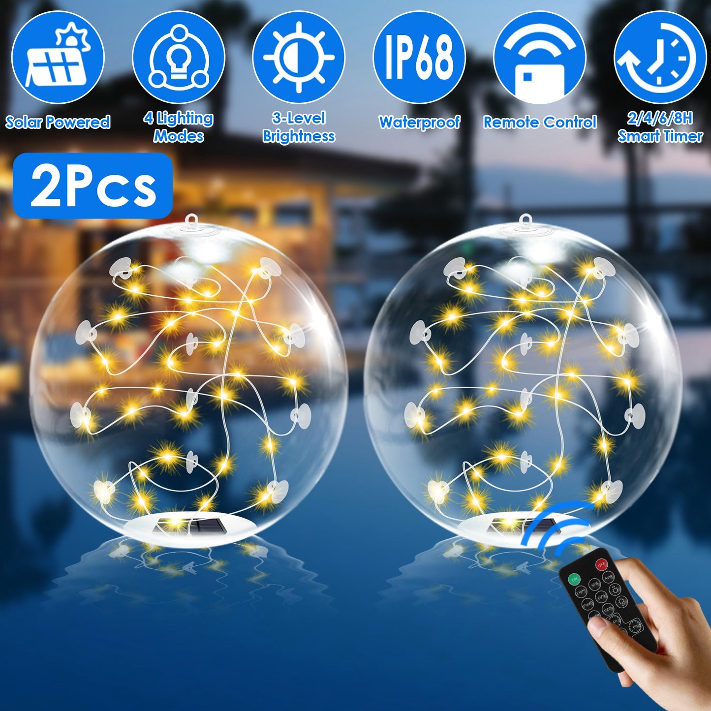 2Pcs Floating Pool Lights 14in Solar Powered Pool Balls IP68 Waterproof InflatableÊPool Decoration Lights with Remote Control 3 Light Modes Timer Adju