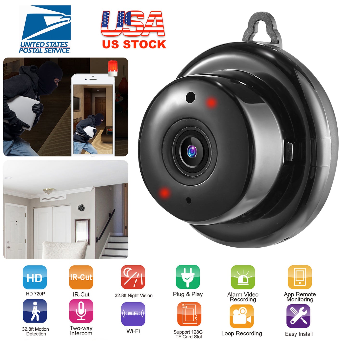720P WiFi IP Camera Smart Home Security Surveillance Camera Night Vision Motion Detection Two Way Talk Loop Recording App Available for Pet/Nanny/Elde