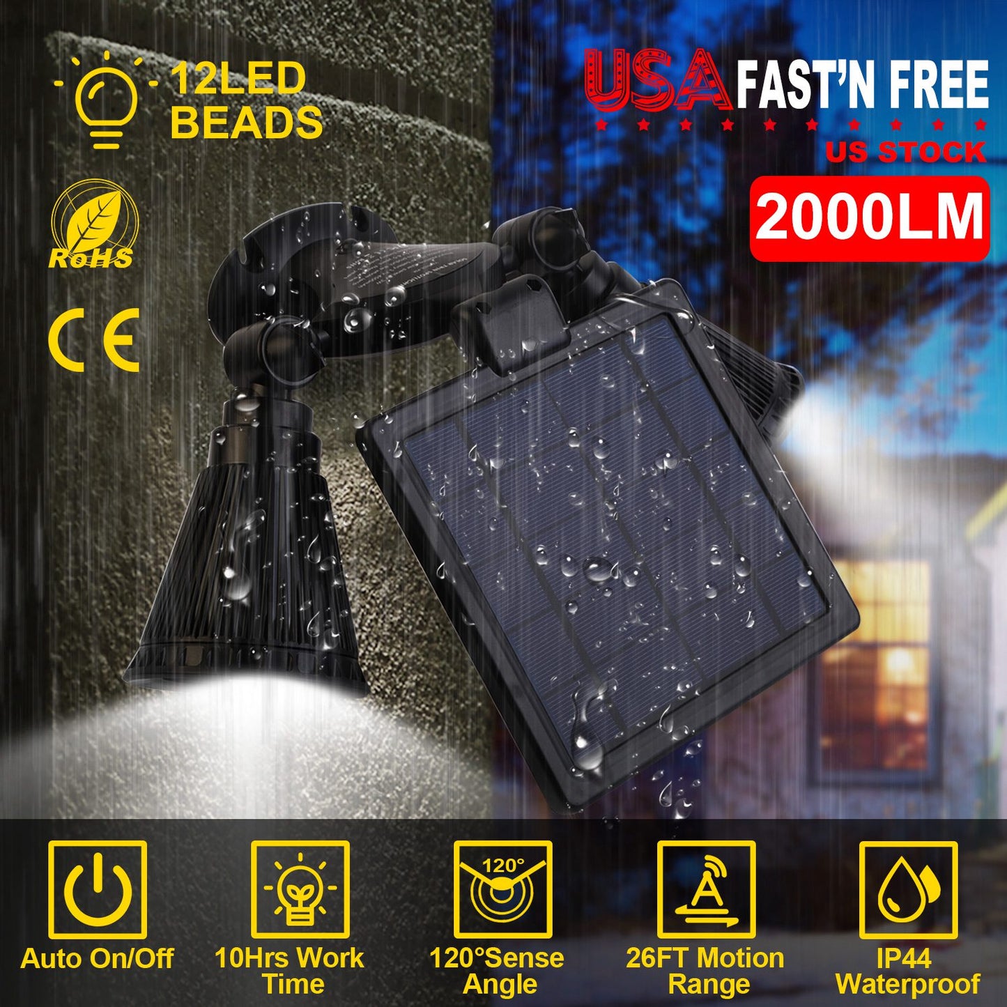 Solar Lights Outdoor Solar Power Motion Sensor Spotlights 2000lm Security Lights w/ Dual Head 360¡ Rotatable IP44 Wall Lights Garden Garage Driveway